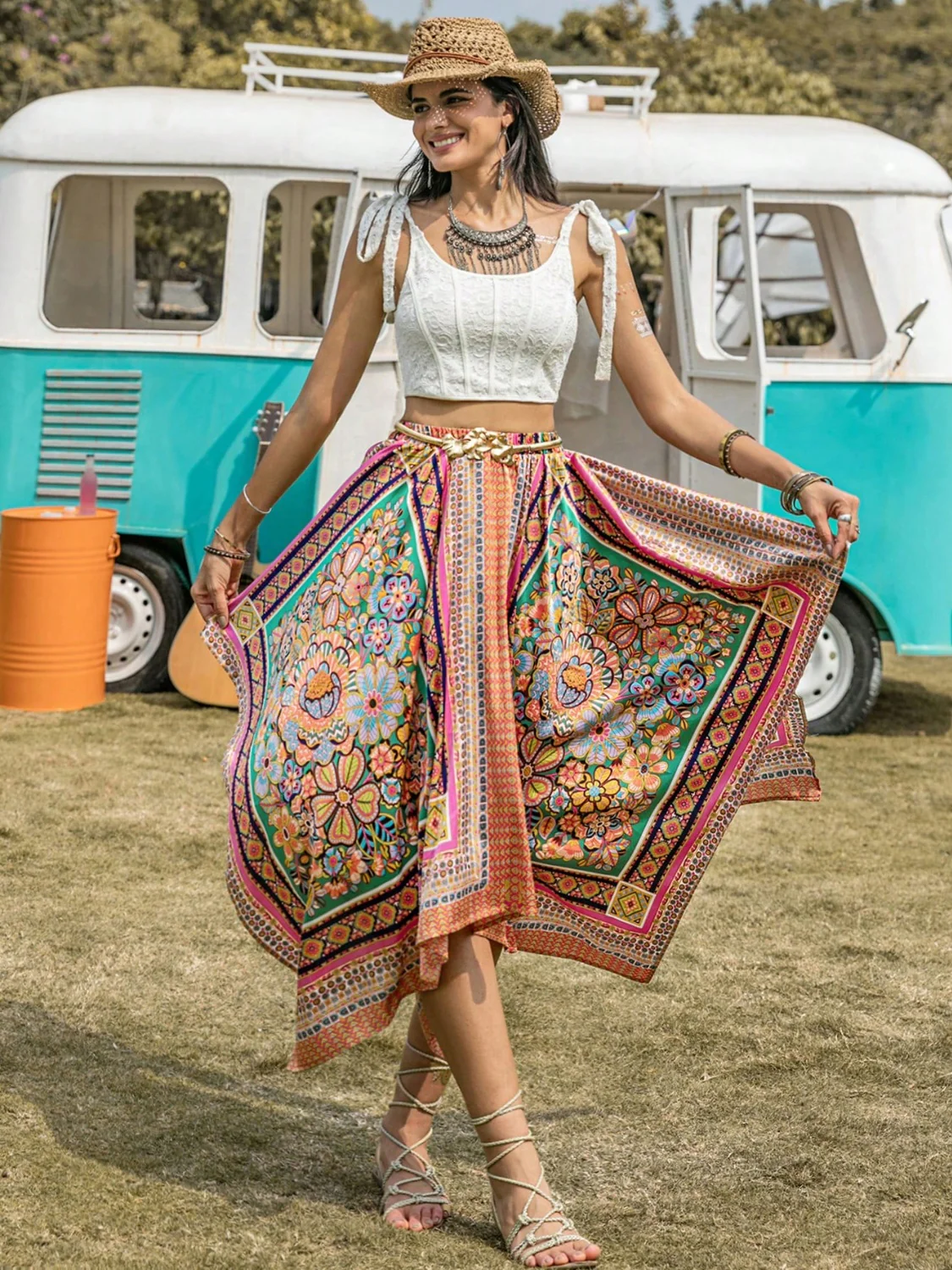 Printed High Waist Handkerchief Hem Skirt - Image 3