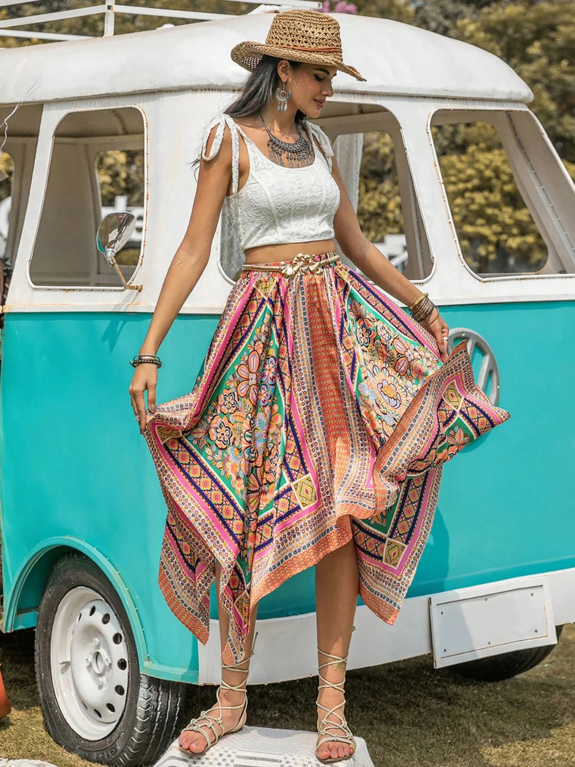 Printed High Waist Handkerchief Hem Skirt - Image 5