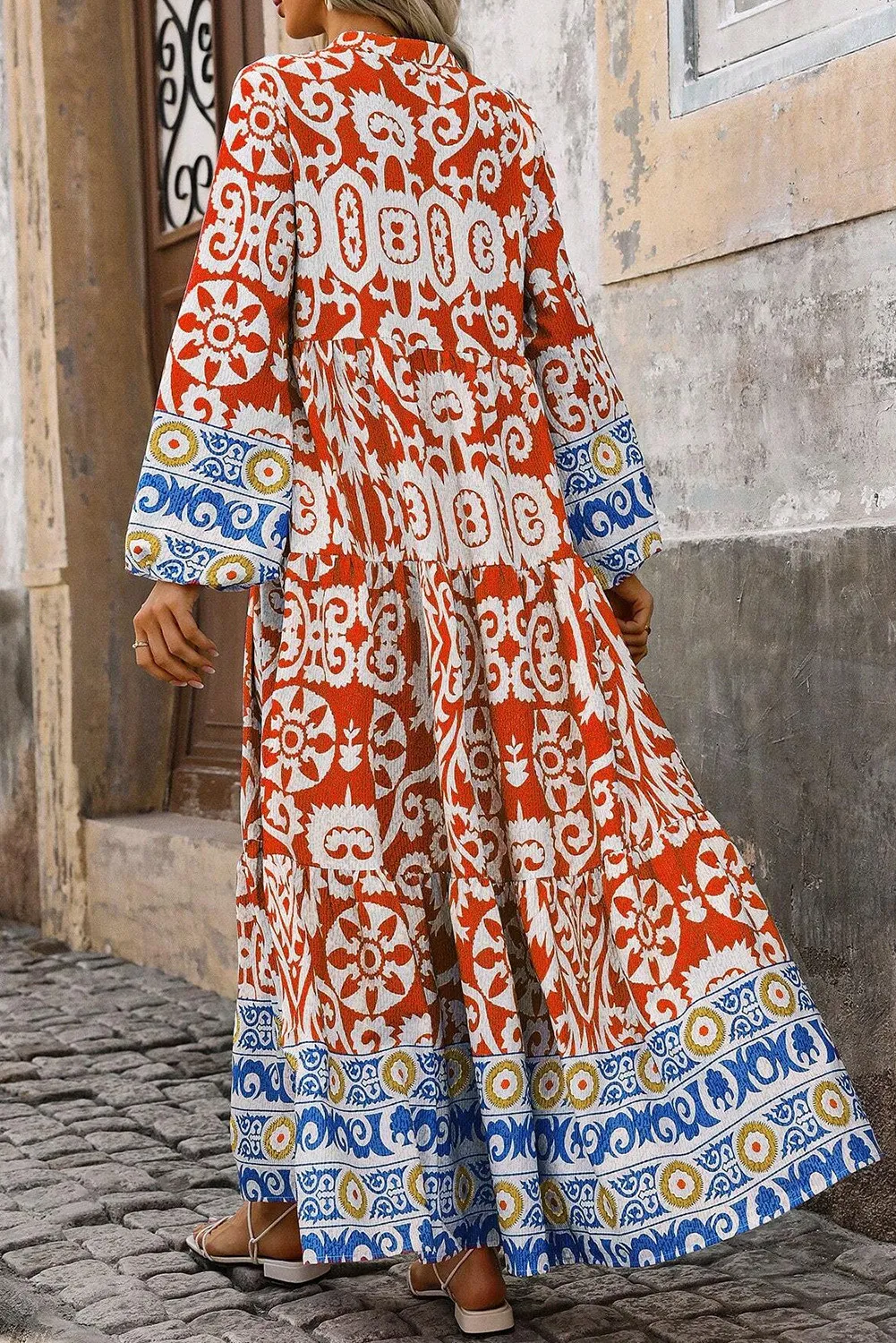 Printed Notched Long Sleeve Maxi Dress - Image 4