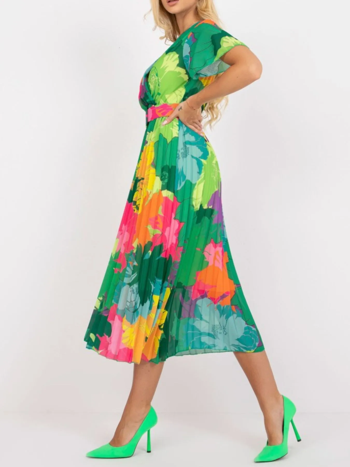 Printed Pleated Midi Wrap Dress with Belt - Image 3