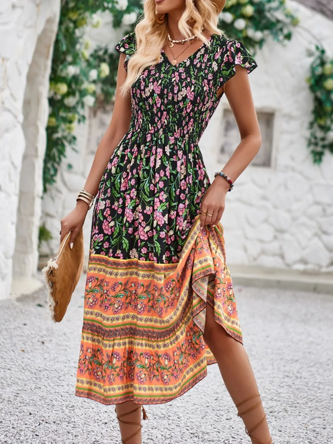 Printed Round Neck Cap Sleeve Dress - Image 14