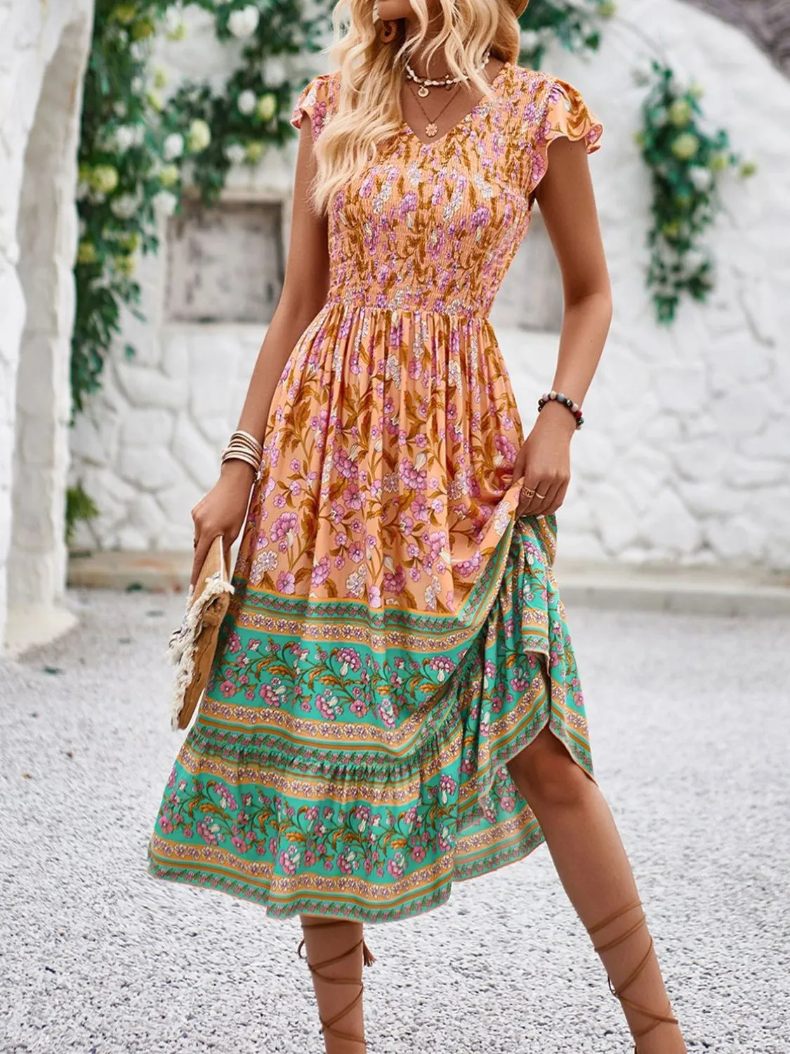 Printed Round Neck Cap Sleeve Dress - Image 9