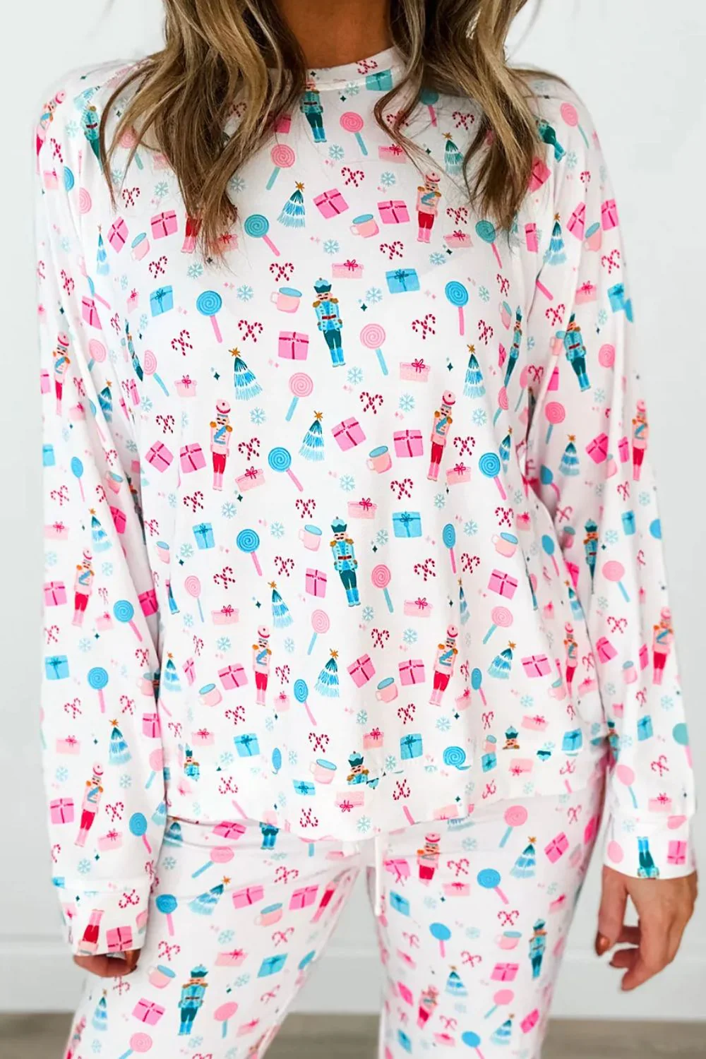 Printed Round Neck Long Sleeve Top and Pants Lounge Set - Image 2