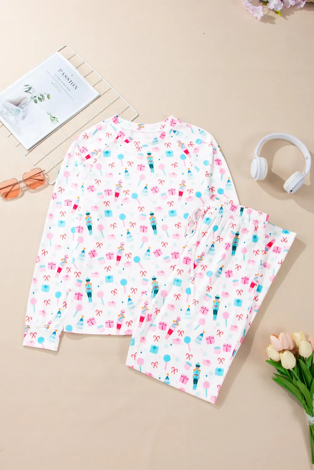 Printed Round Neck Long Sleeve Top and Pants Lounge Set - Image 3