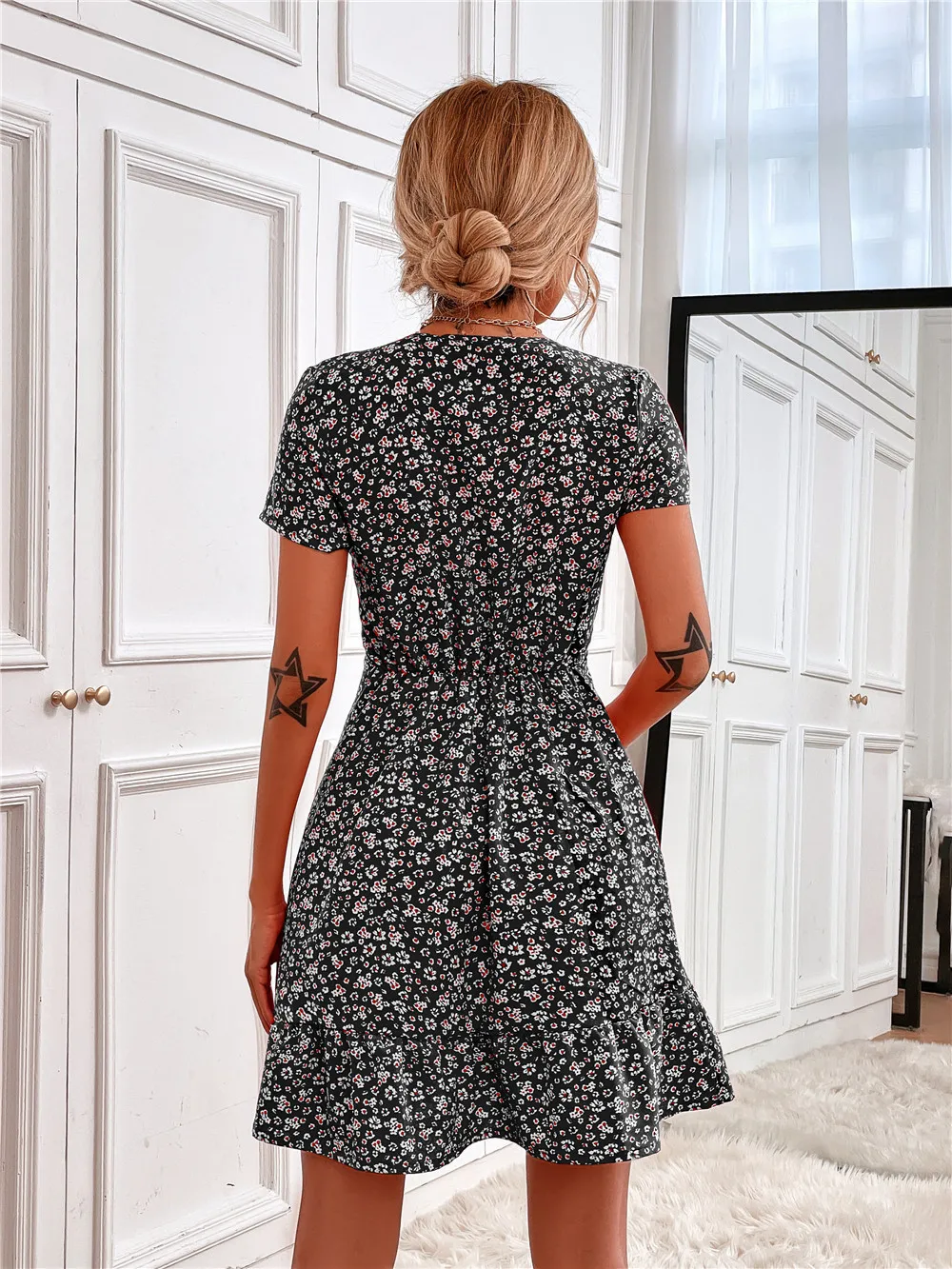Printed Ruffled Hem V-Neck Short Sleeve Mini Dress - Image 12