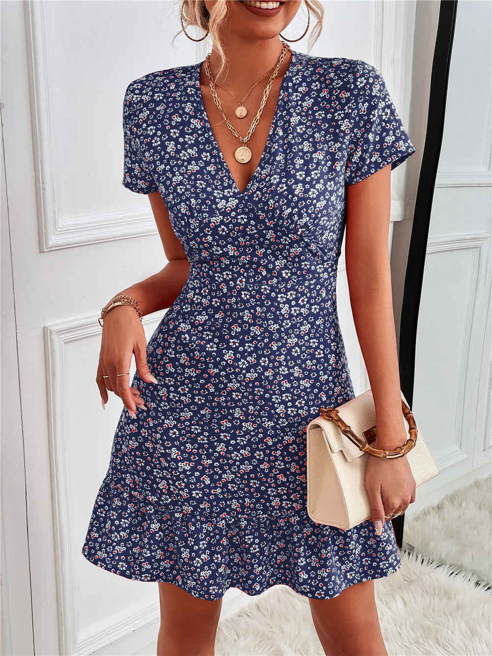 Printed Ruffled Hem V-Neck Short Sleeve Mini Dress - Image 13