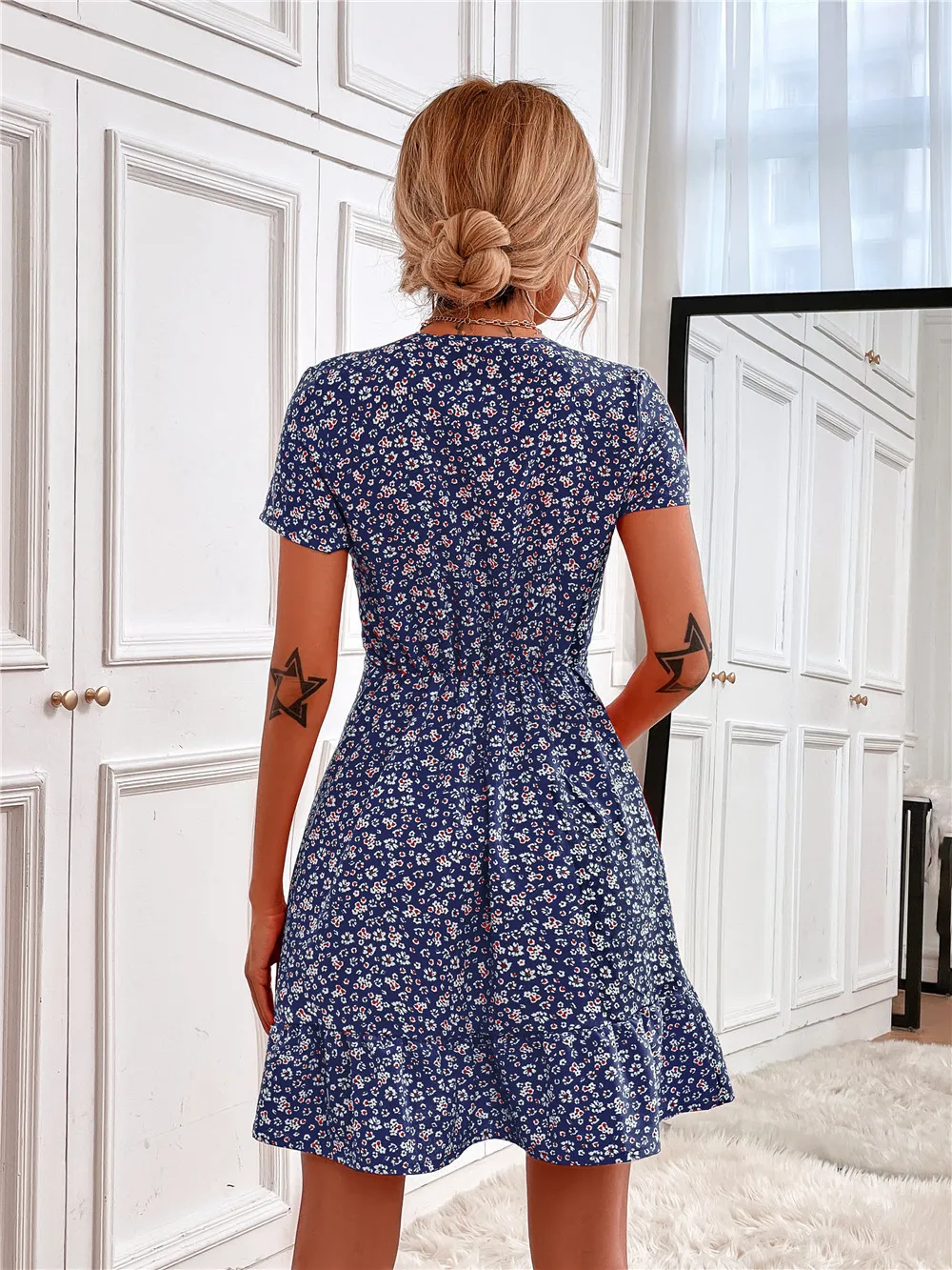 Printed Ruffled Hem V-Neck Short Sleeve Mini Dress - Image 18