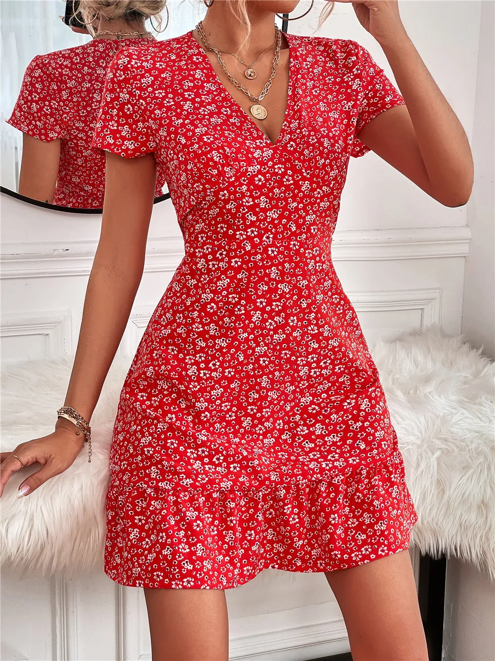 Printed Ruffled Hem V-Neck Short Sleeve Mini Dress - Image 2