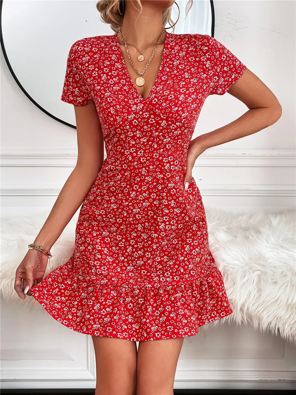 Printed Ruffled Hem V-Neck Short Sleeve Mini Dress - Image 3