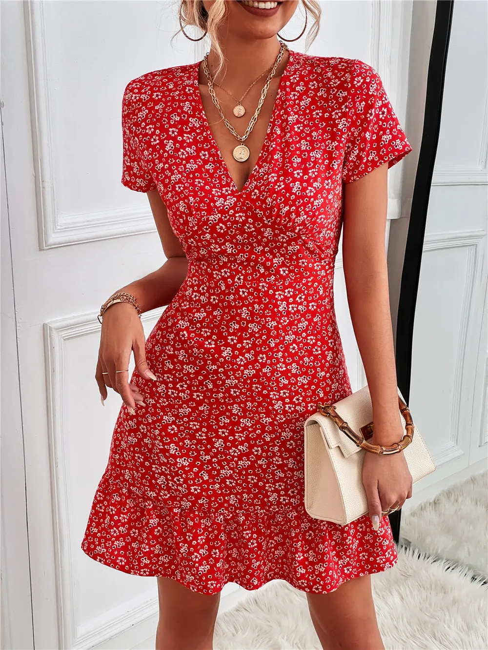 Printed Ruffled Hem V-Neck Short Sleeve Mini Dress - Image 4