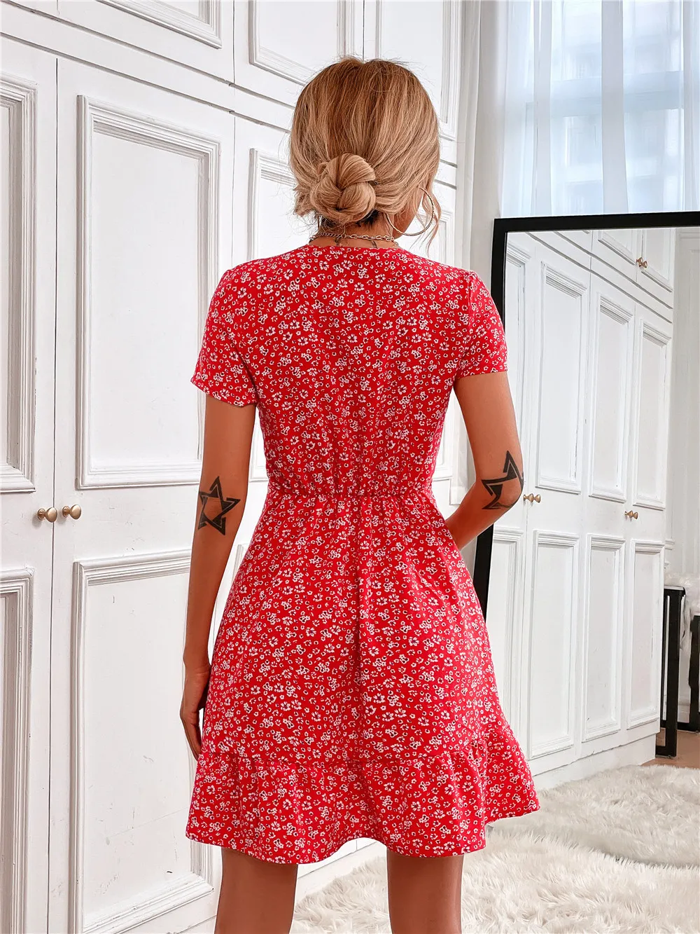 Printed Ruffled Hem V-Neck Short Sleeve Mini Dress - Image 6