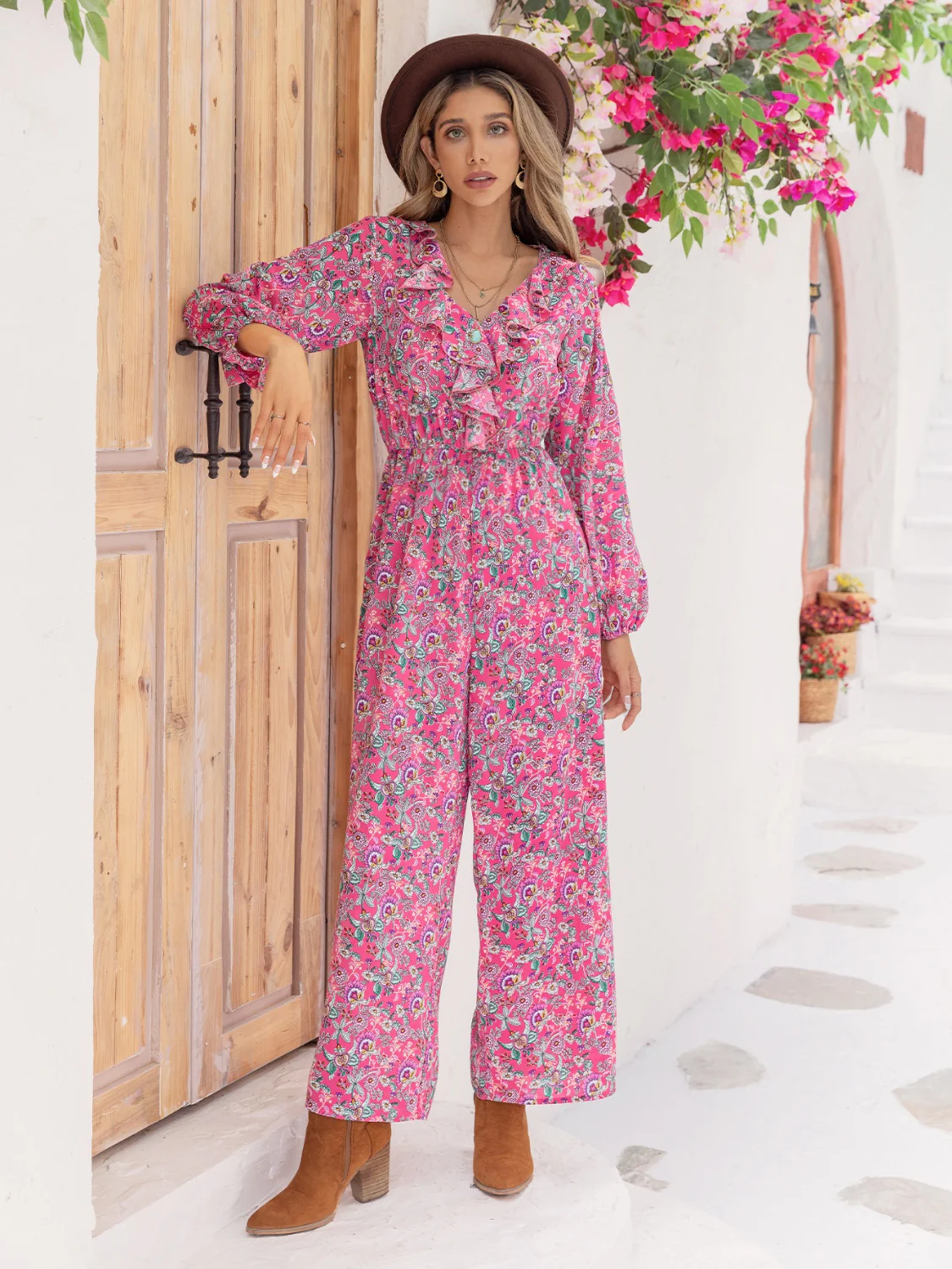 Printed Ruffled V-Neck Balloon Sleeve Jumpsuit - Image 6