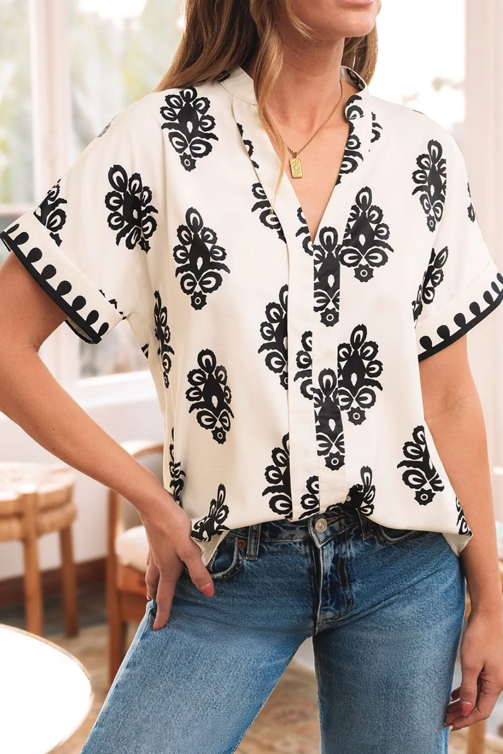 Printed Short Sleeve Loose Blouse - Image 2