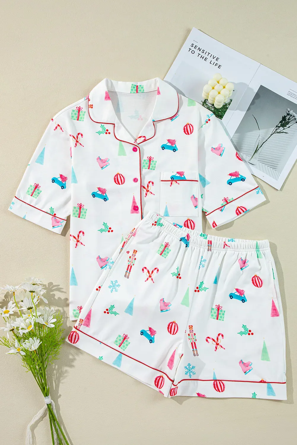 Printed Short Sleeve Top and Shorts Lounge Set - Image 3
