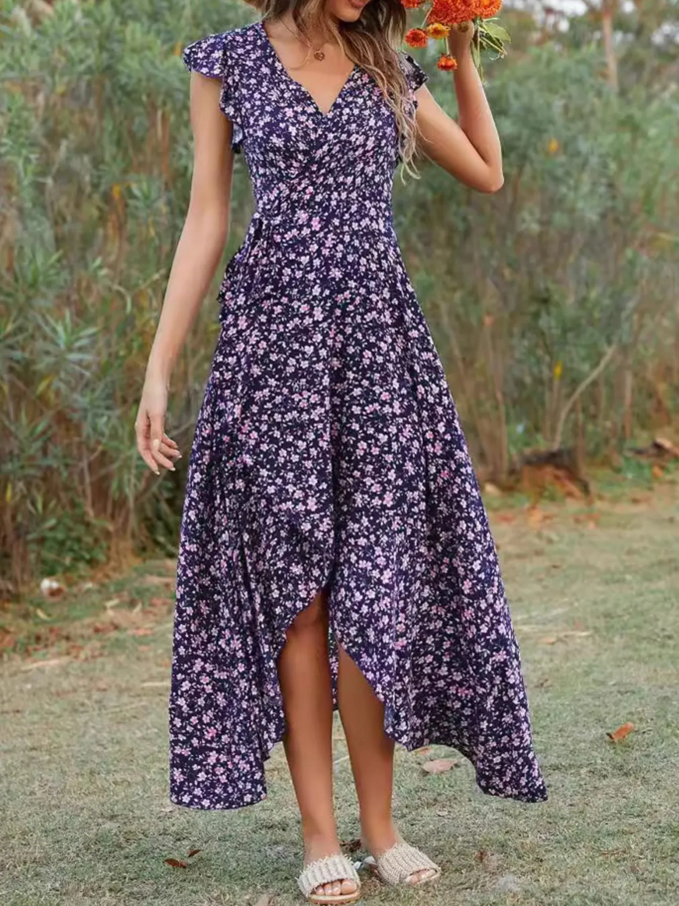 Printed Surplice Ruffle Sleeve Dress - Image 13
