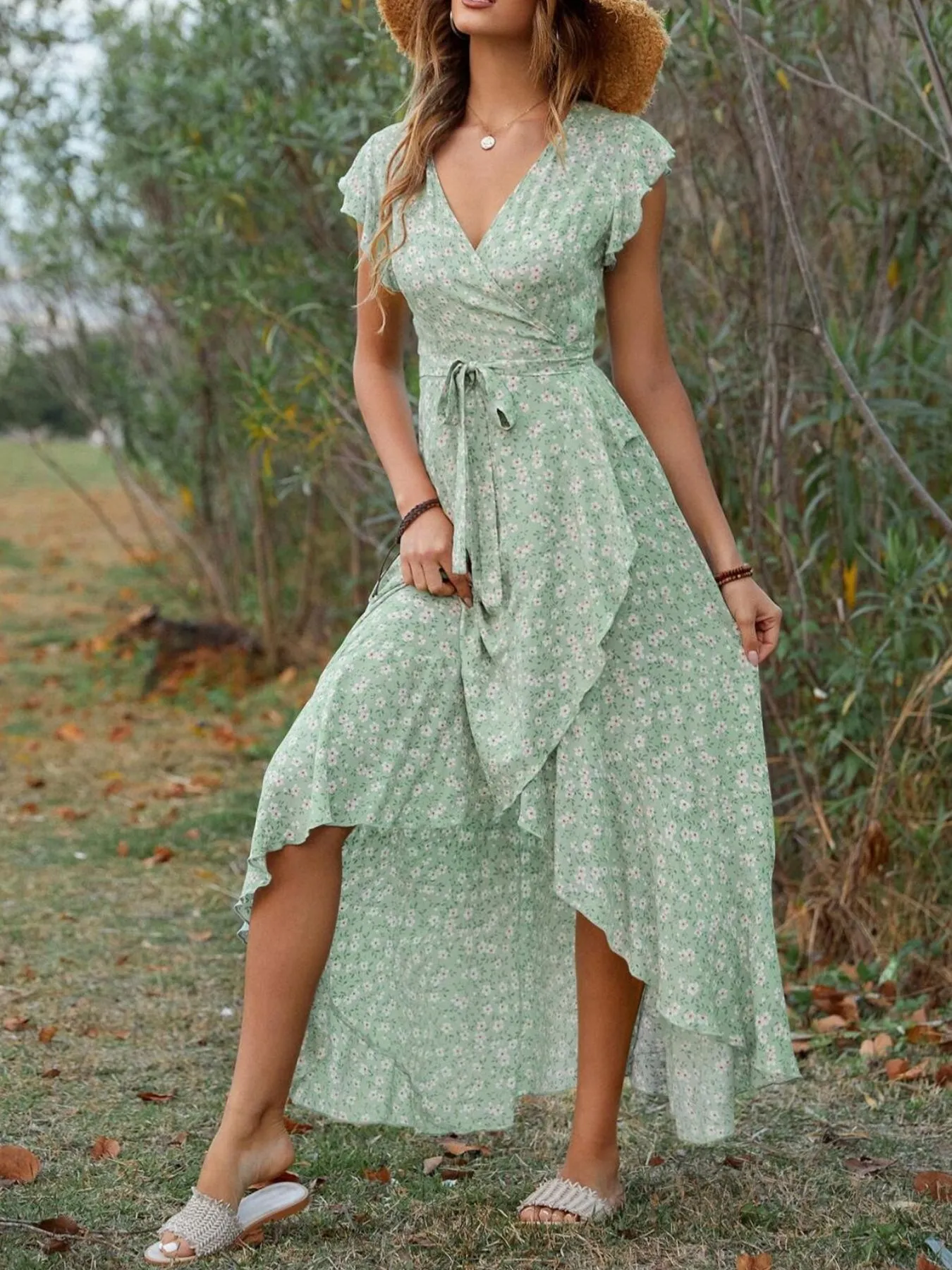 Printed Surplice Ruffle Sleeve Dress - Image 7