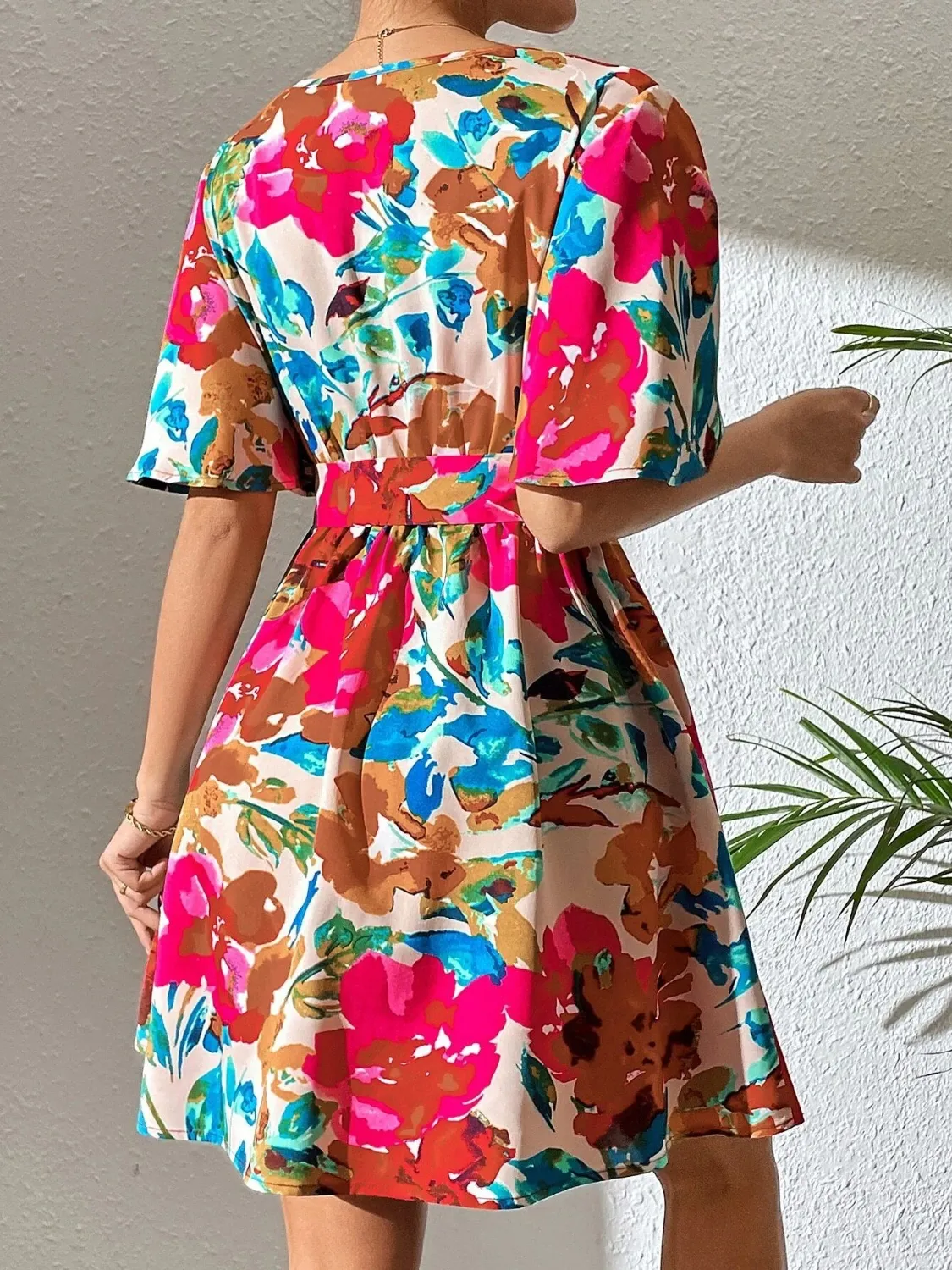 Printed Surplice Short Sleeve Mini Dress - Image 3