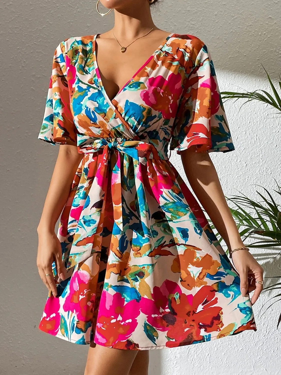 Printed Surplice Short Sleeve Mini Dress - Image 4