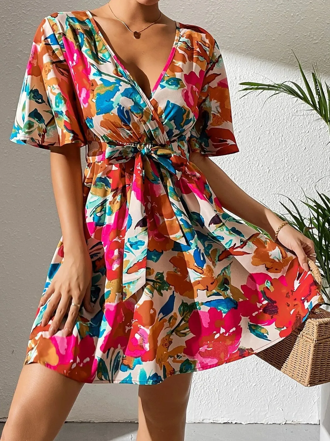 Printed Surplice Short Sleeve Mini Dress - Image 5