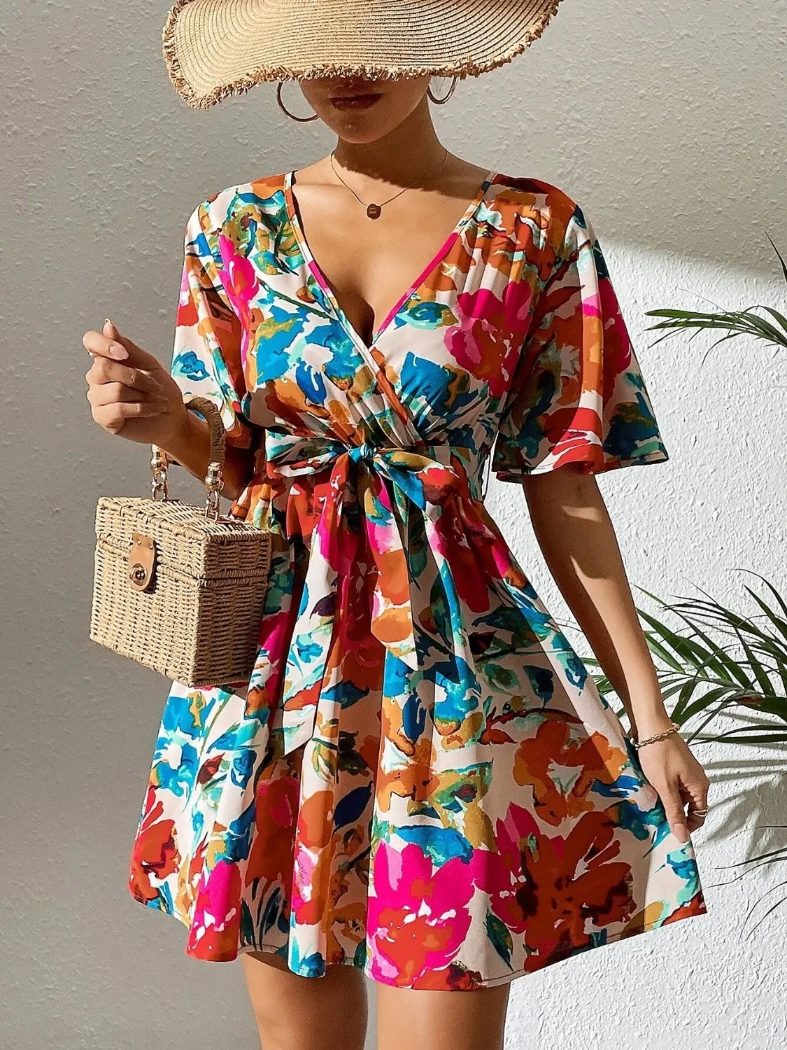 Printed Surplice Short Sleeve Mini Dress - Image 6