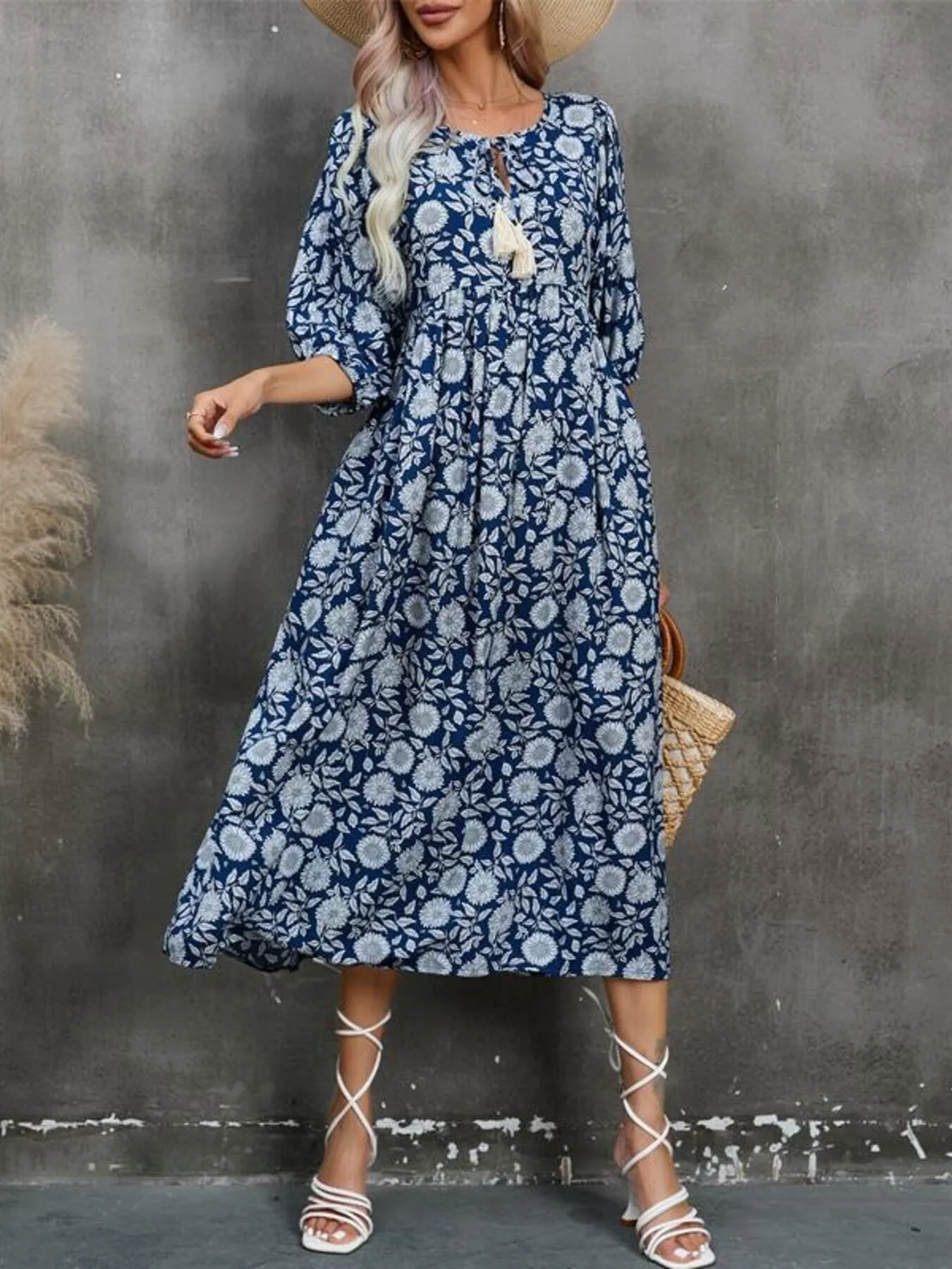 Printed Tie Neck Midi Dress - Image 2
