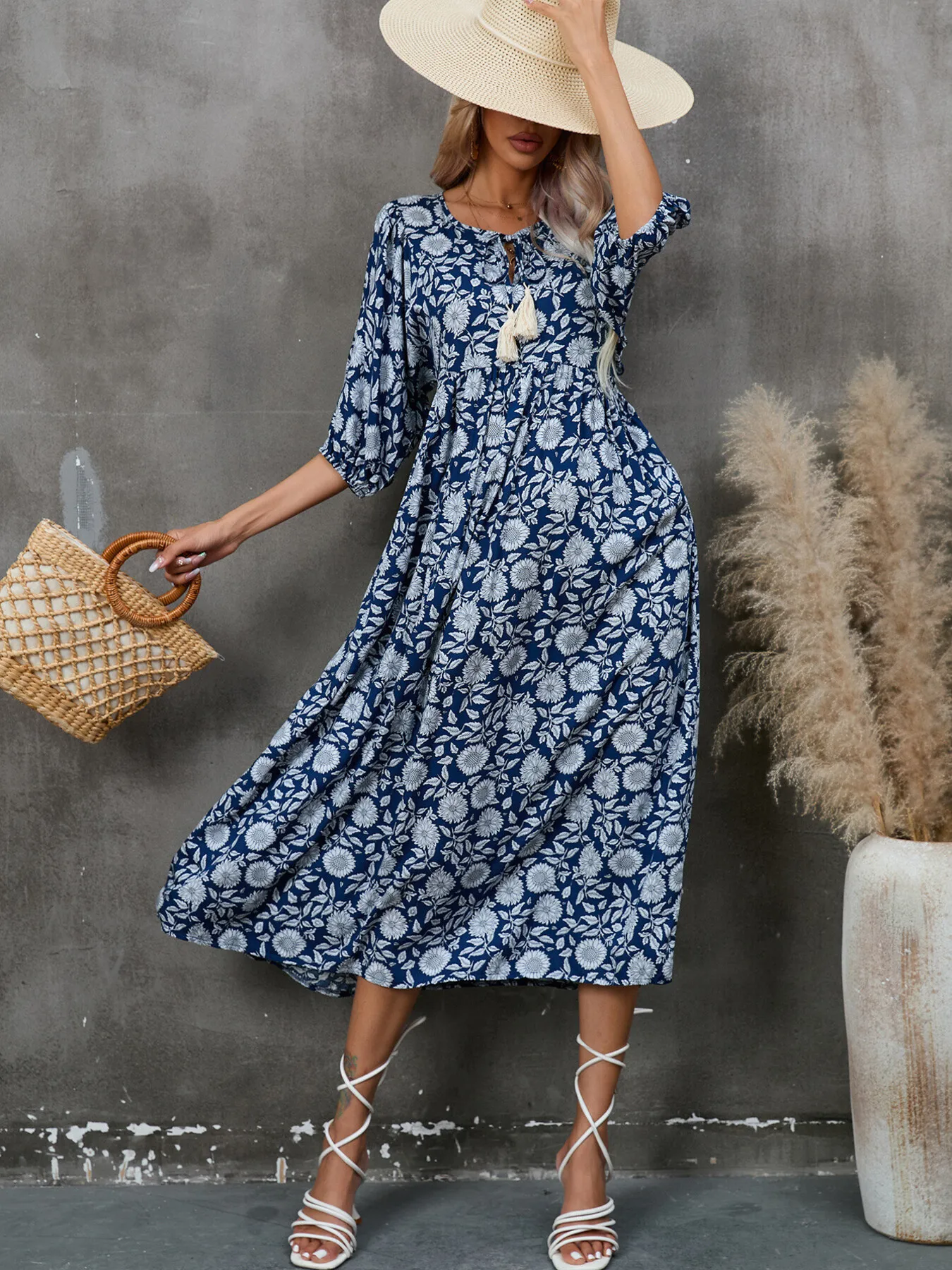 Printed Tie Neck Midi Dress - Image 3