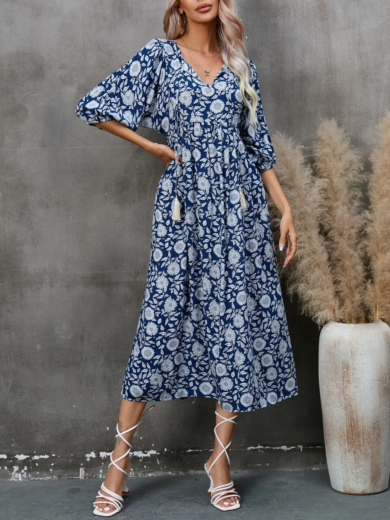 Printed Tie Neck Midi Dress - Image 4