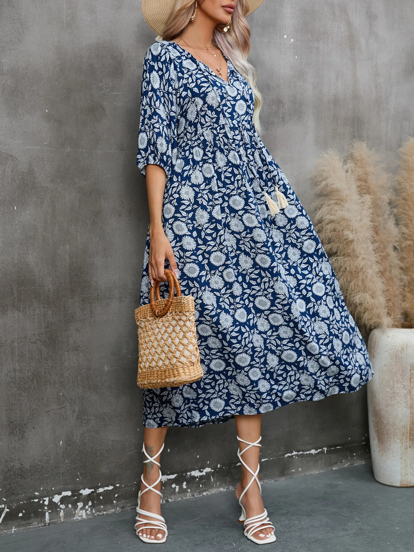Printed Tie Neck Midi Dress - Image 5