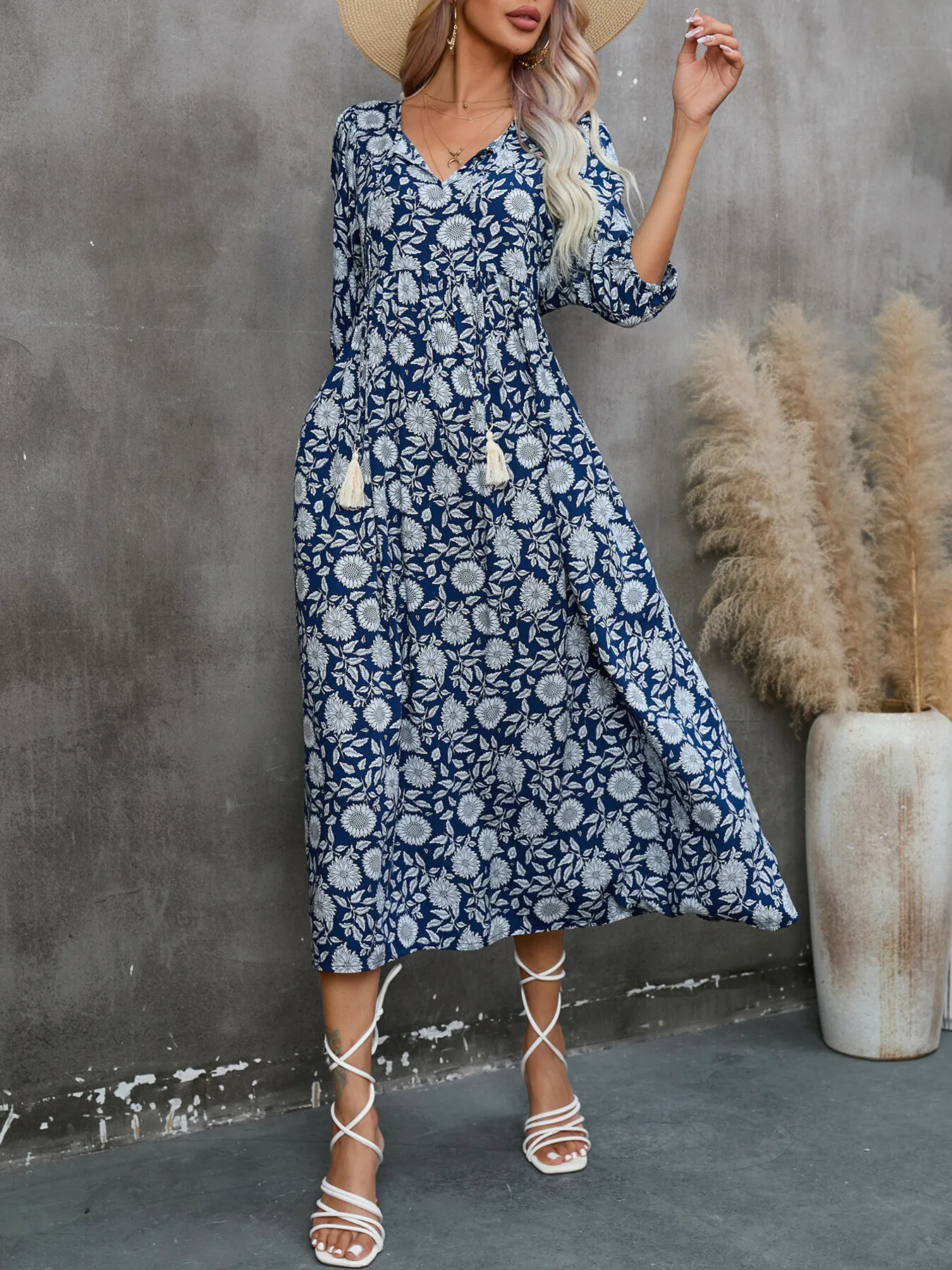 Printed Tie Neck Midi Dress - Image 6