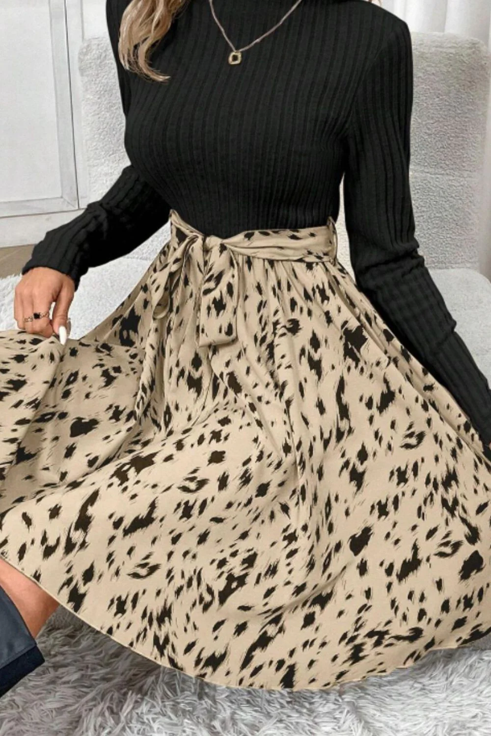 Printed Tie Waist Mock Neck Long Sleeve Dress - Image 13