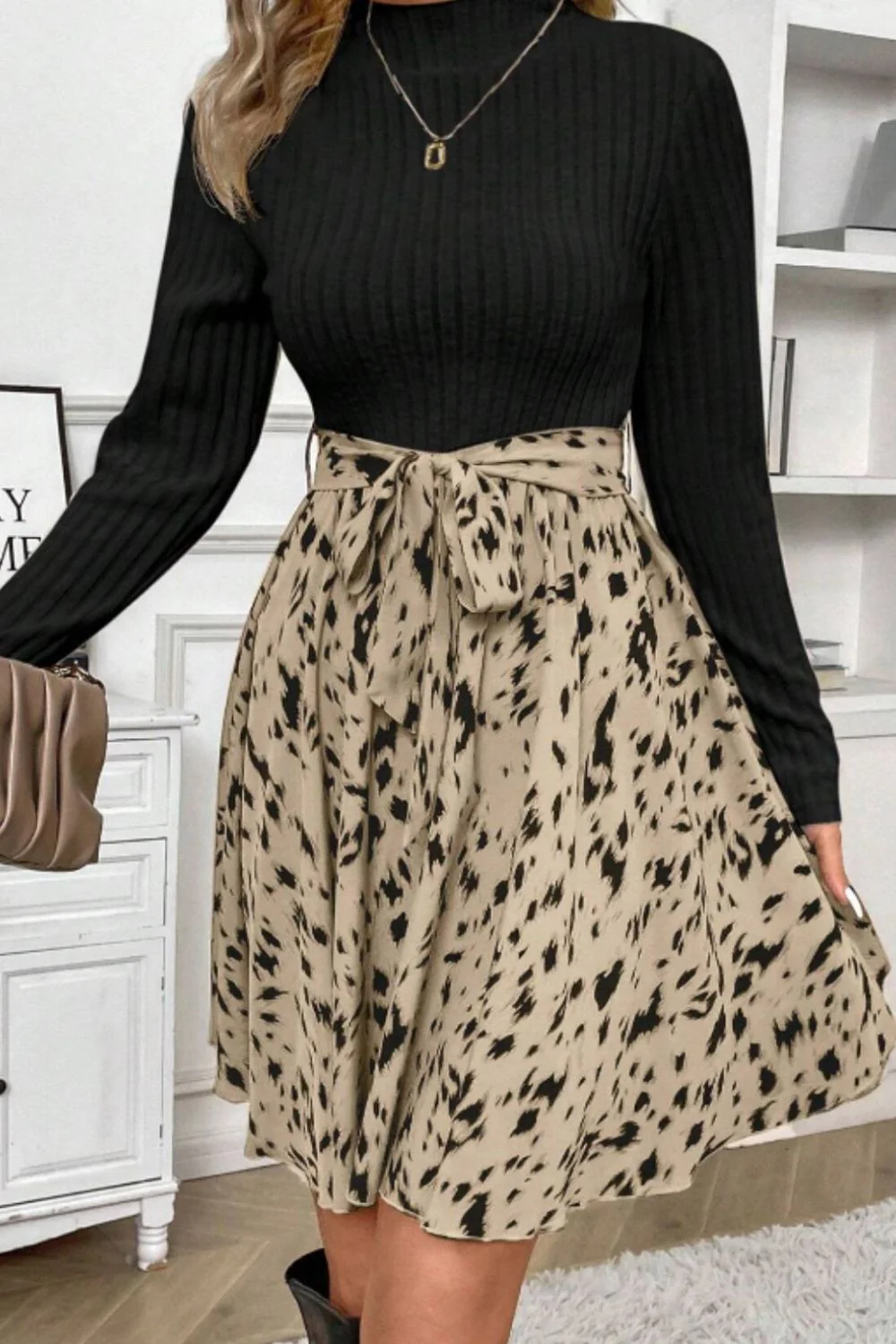 Printed Tie Waist Mock Neck Long Sleeve Dress - Image 14