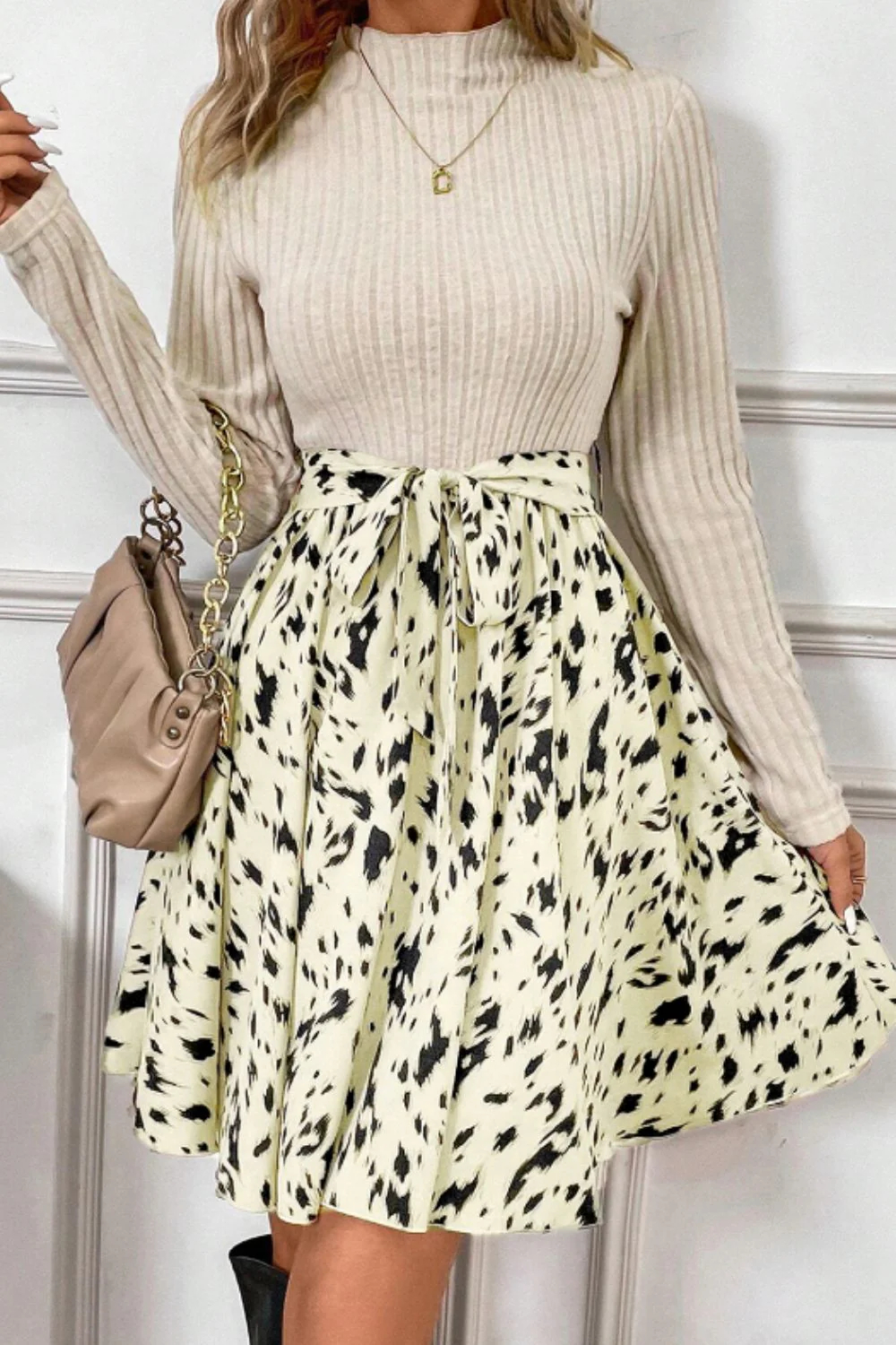 Printed Tie Waist Mock Neck Long Sleeve Dress - Image 18