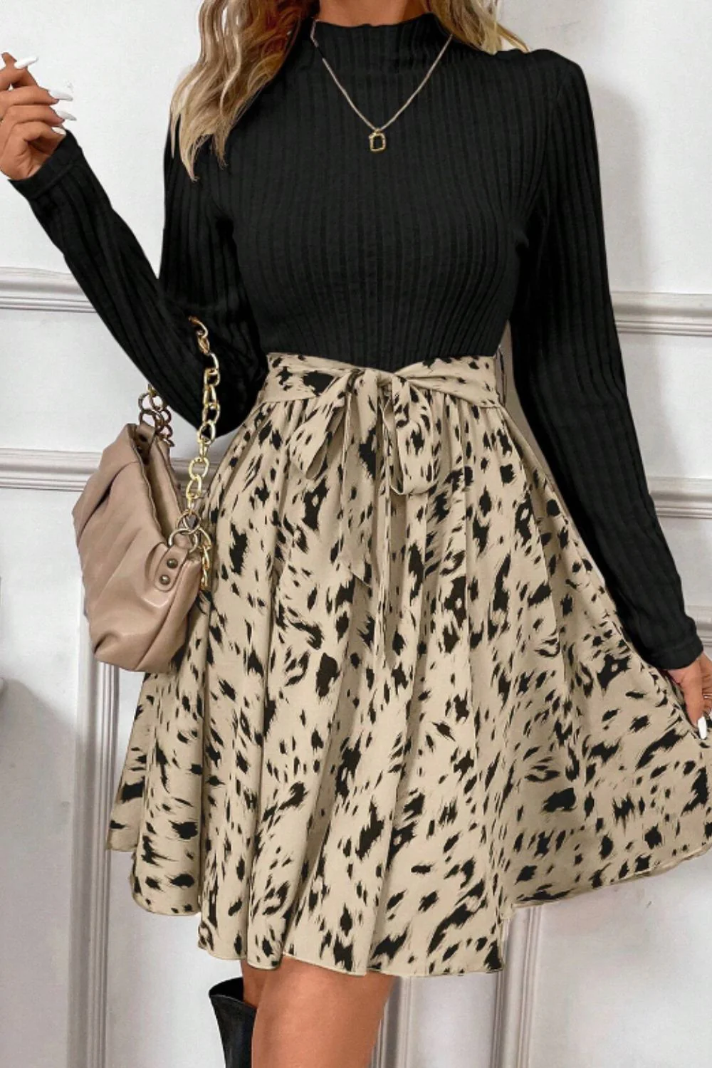 Printed Tie Waist Mock Neck Long Sleeve Dress - Image 19
