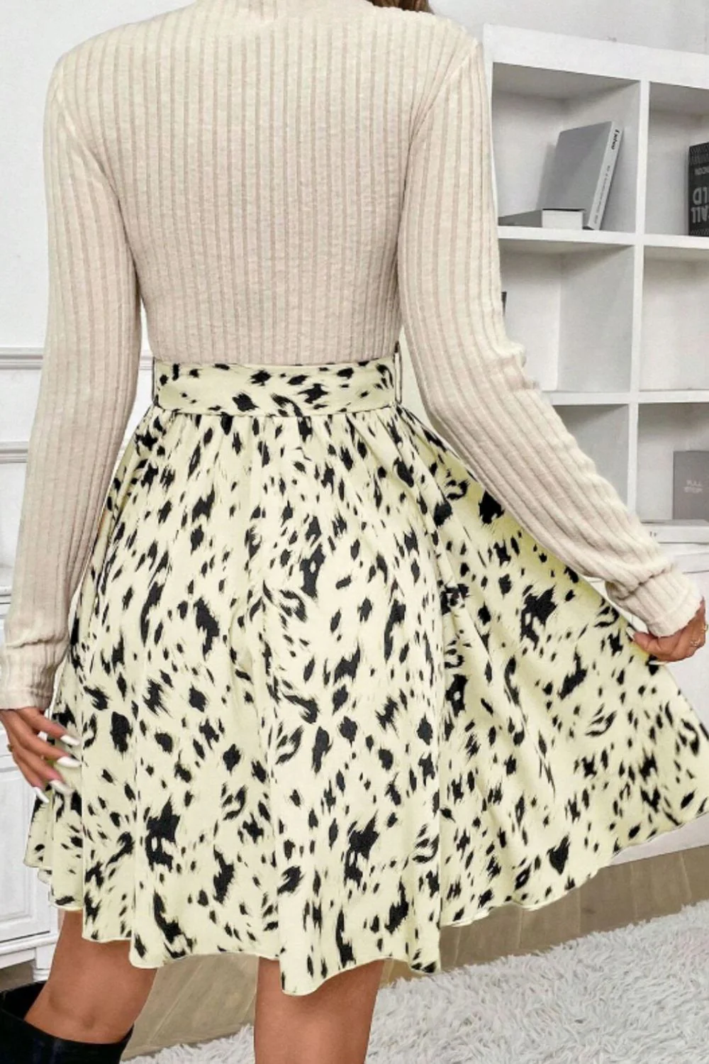 Printed Tie Waist Mock Neck Long Sleeve Dress - Image 3