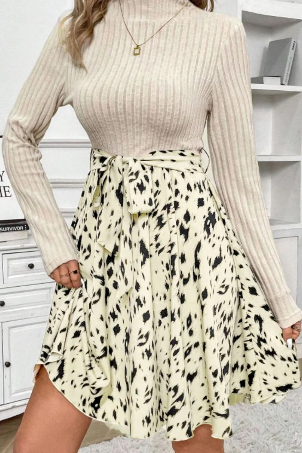 Printed Tie Waist Mock Neck Long Sleeve Dress - Image 5