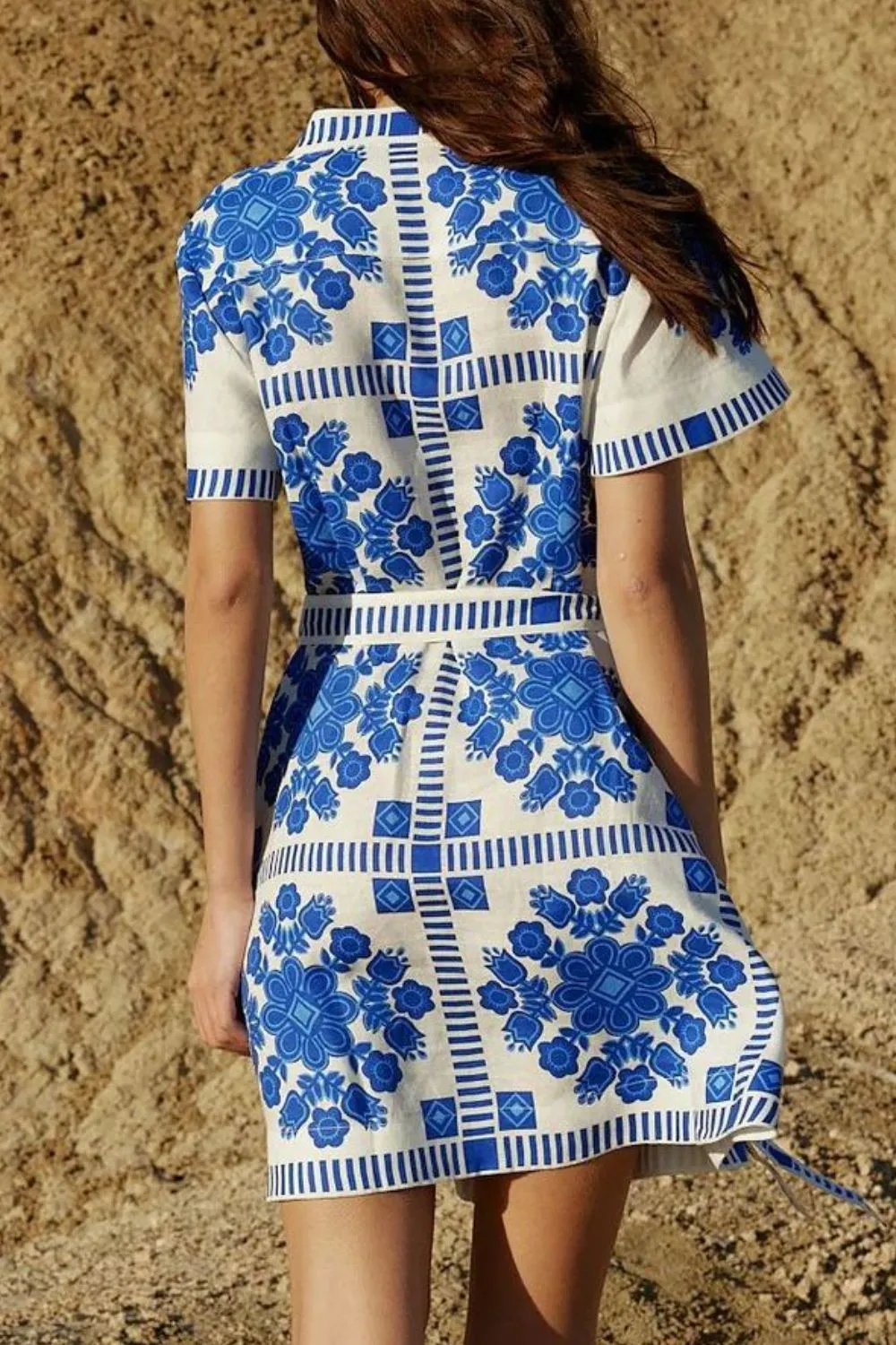 Printed Tie Waist Short Sleeve Dress - Image 5