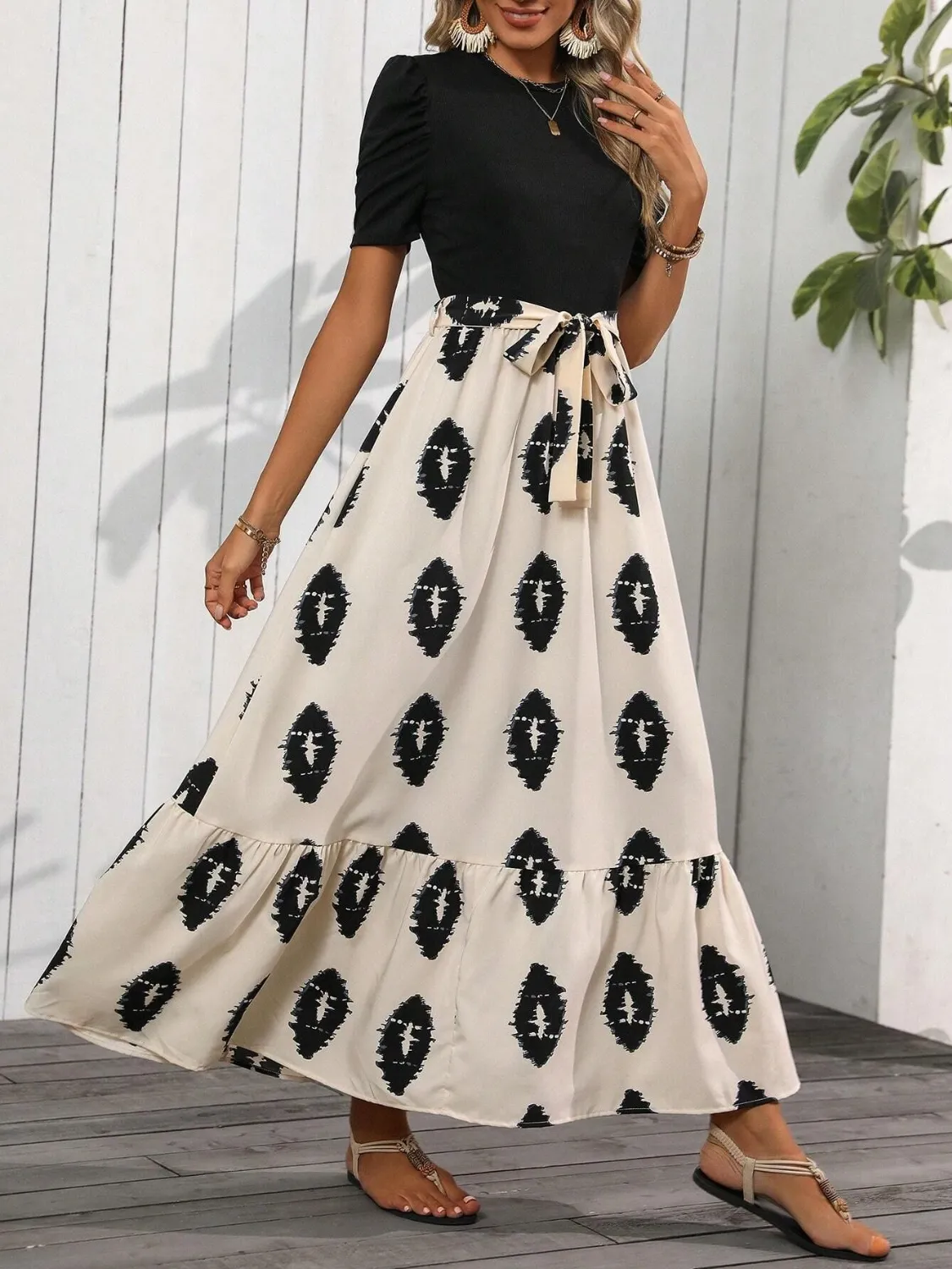 Printed Tie Waist Short Sleeve Maxi Dress - Image 3
