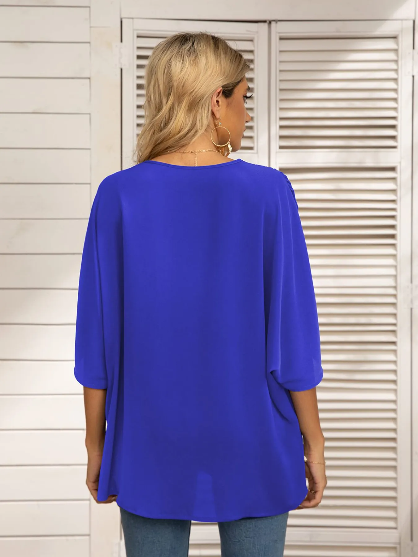 Printed Trim V-Neck Batwing Sleeve Blouse - Image 11