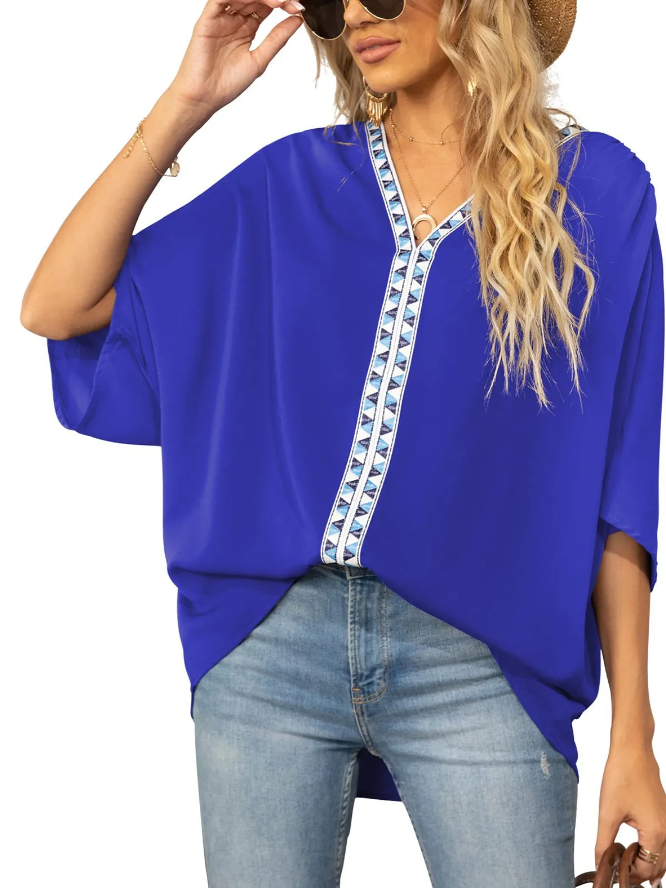 Printed Trim V-Neck Batwing Sleeve Blouse - Image 12