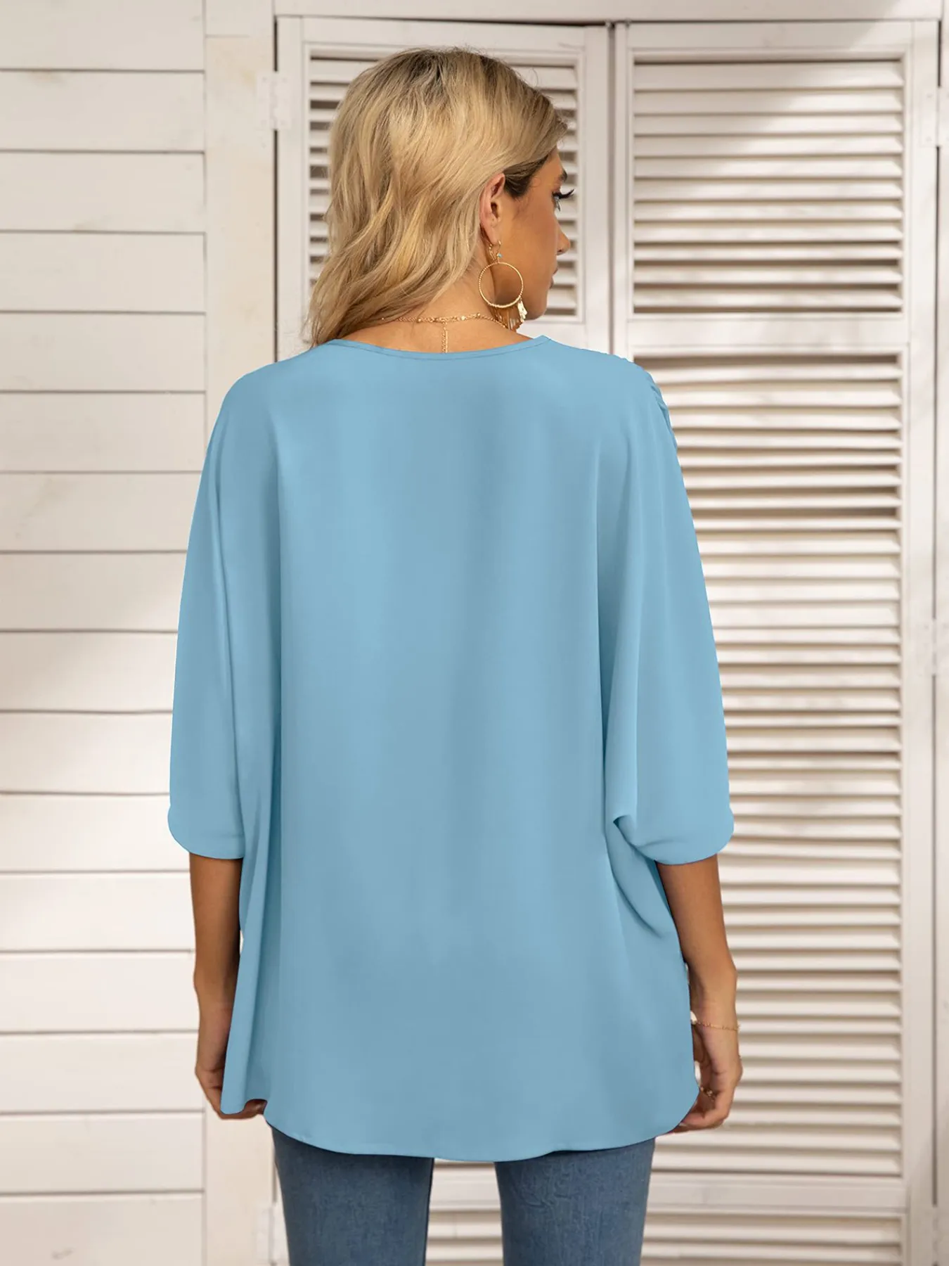 Printed Trim V-Neck Batwing Sleeve Blouse - Image 2