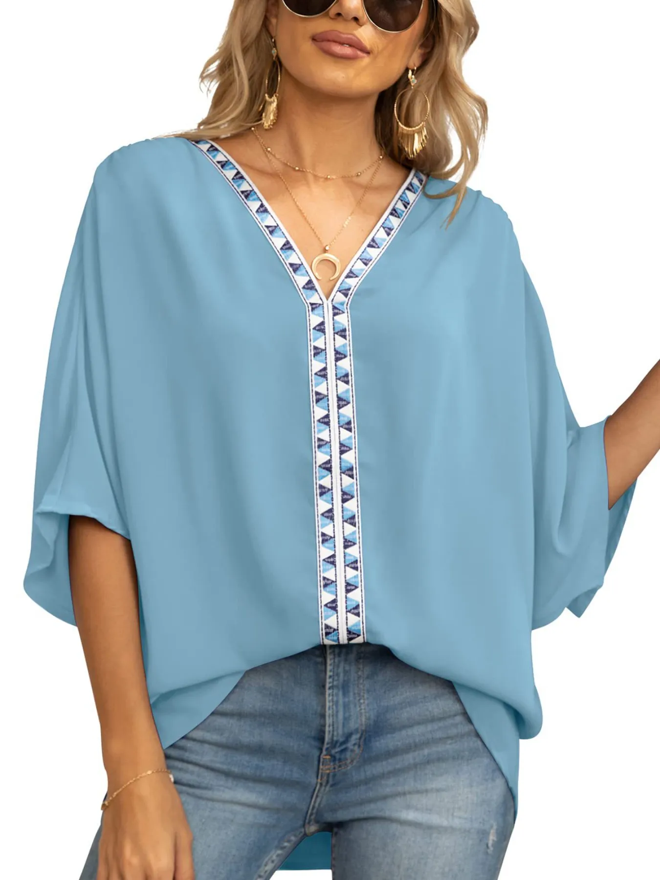 Printed Trim V-Neck Batwing Sleeve Blouse - Image 3