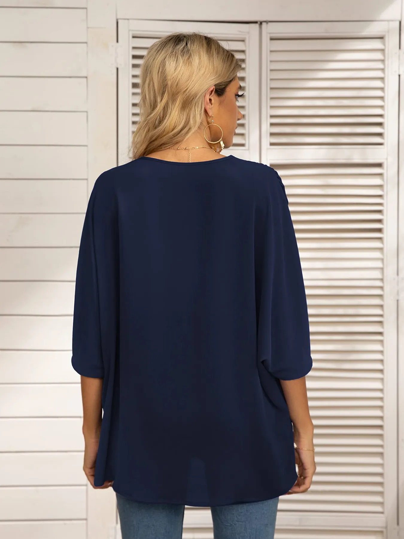Printed Trim V-Neck Batwing Sleeve Blouse - Image 5