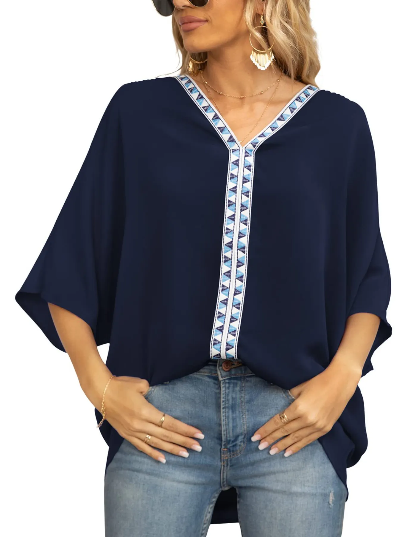 Printed Trim V-Neck Batwing Sleeve Blouse - Image 6