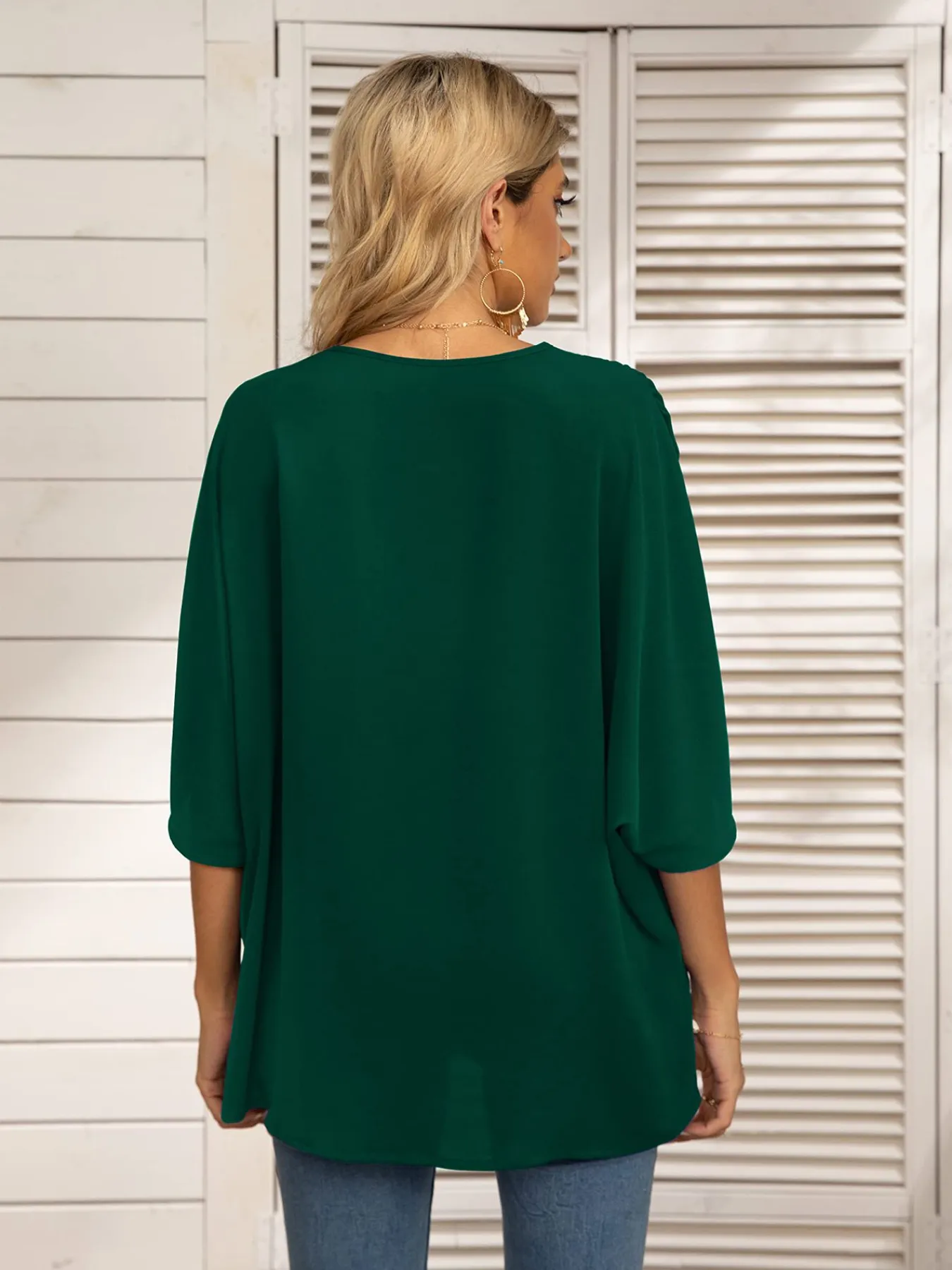Printed Trim V-Neck Batwing Sleeve Blouse - Image 8