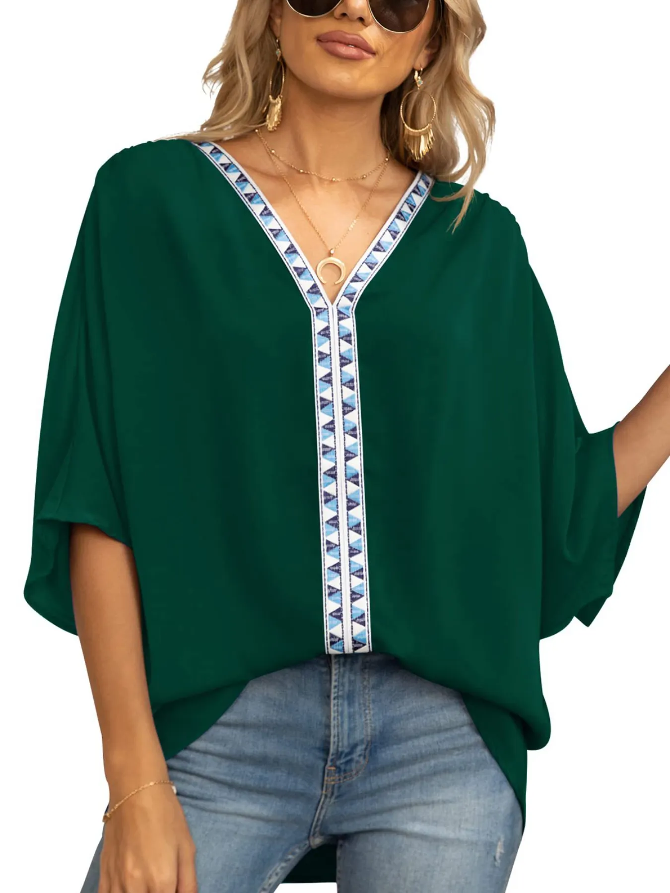 Printed Trim V-Neck Batwing Sleeve Blouse - Image 9