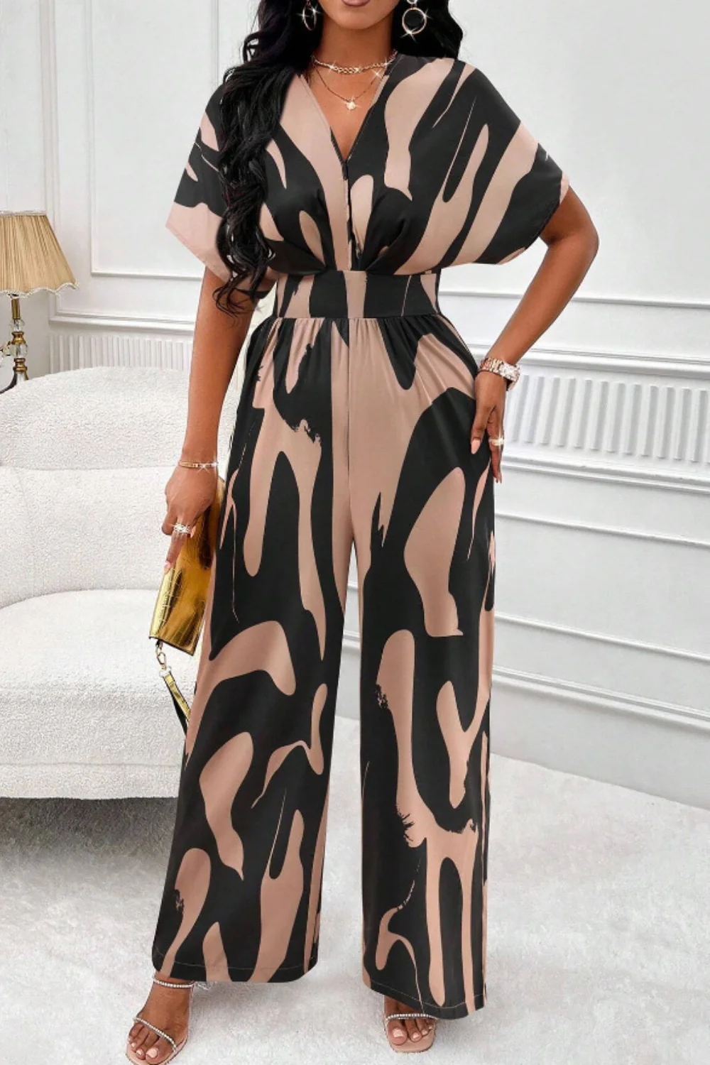 Printed V-Neck Short Sleeve Wide Leg Jumpsuit - Image 11