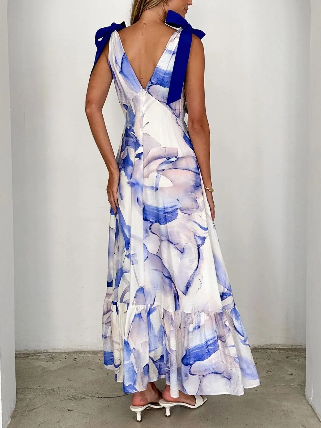 Printed V-Neck Tie Shoulder Midi Cami Dress - Image 26