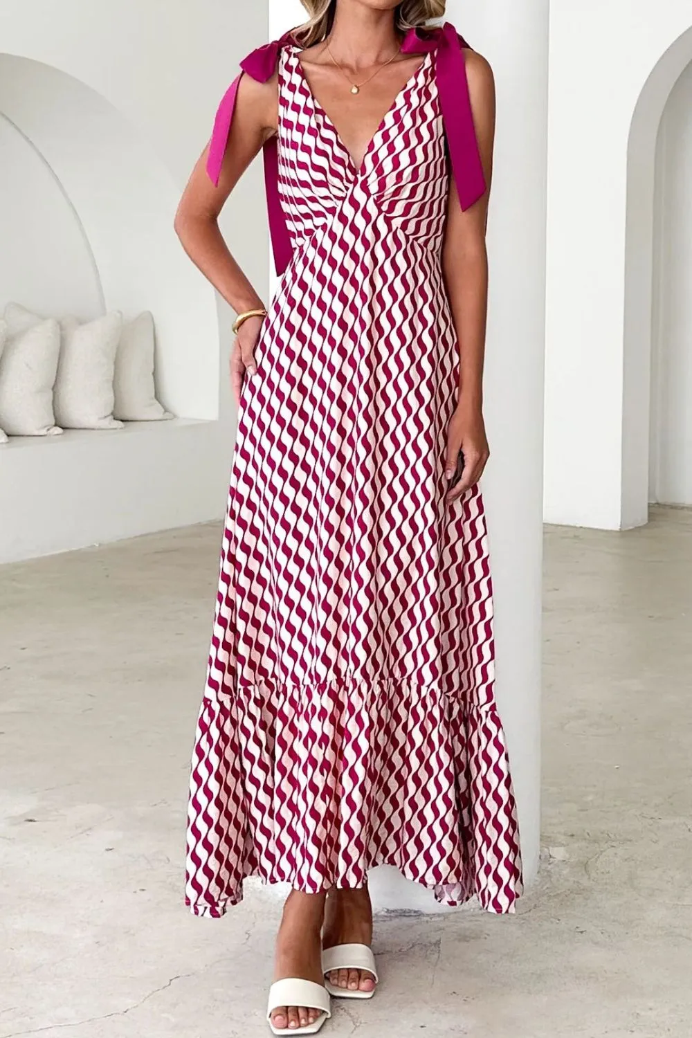 Printed V-Neck Tie Shoulder Midi Cami Dress - Image 5