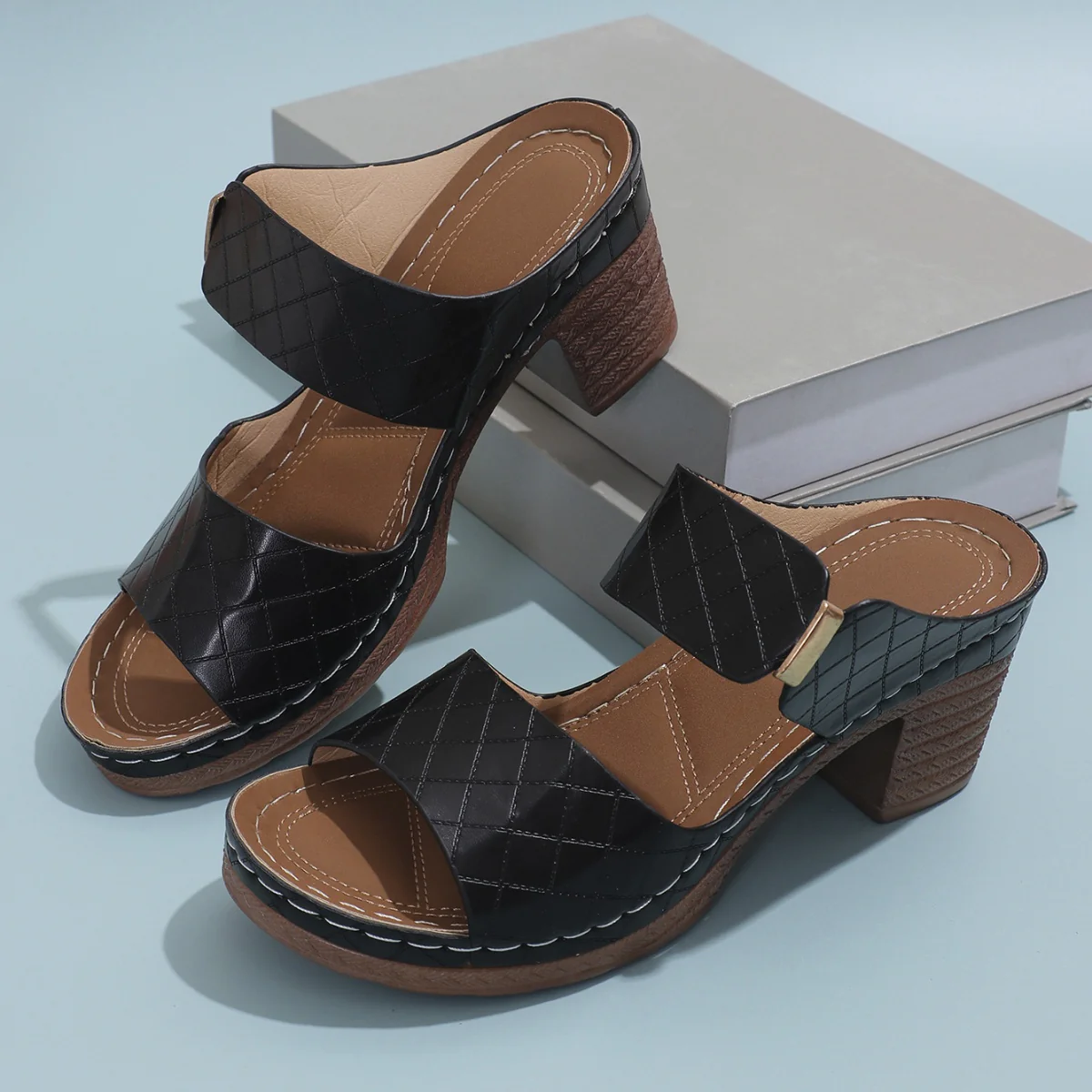 PU Leather Block Heel Sandals - Image 3