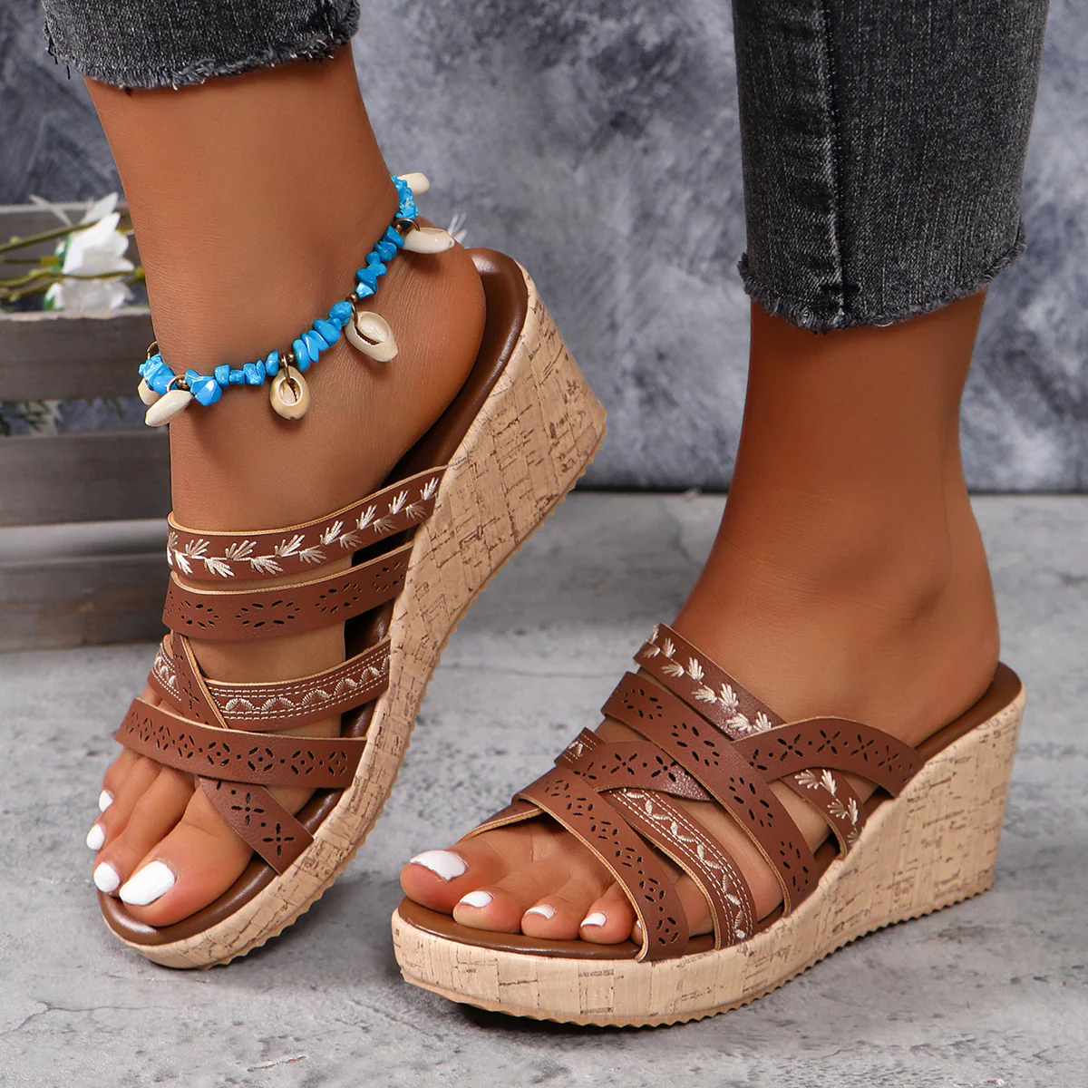 PU Leather Crisscross Wedge Sandals - Image 2